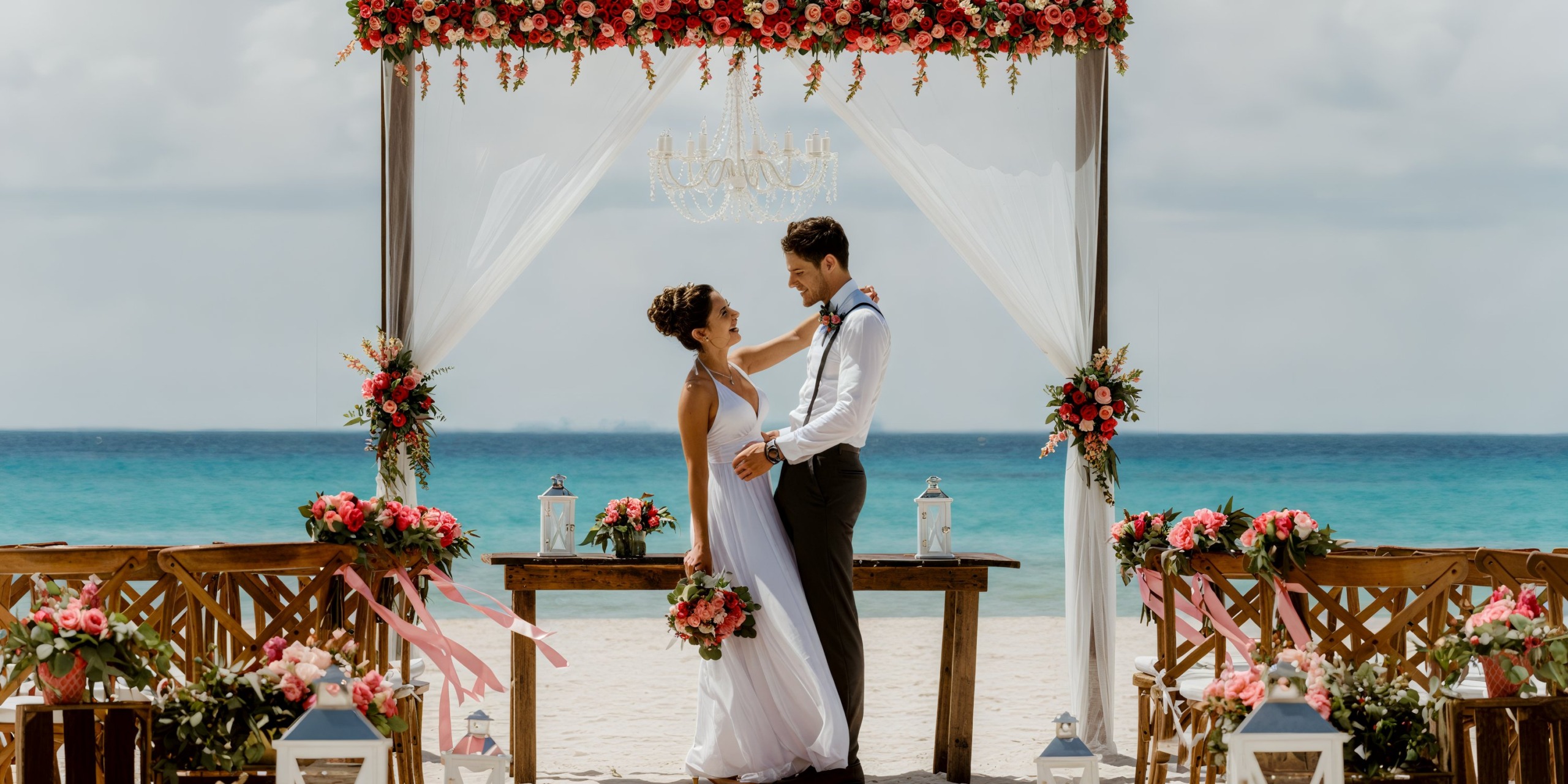 A couple embracing beneath a floral arch by the ocean at Sandos Playacar, celebrating their beautiful destination wedding.