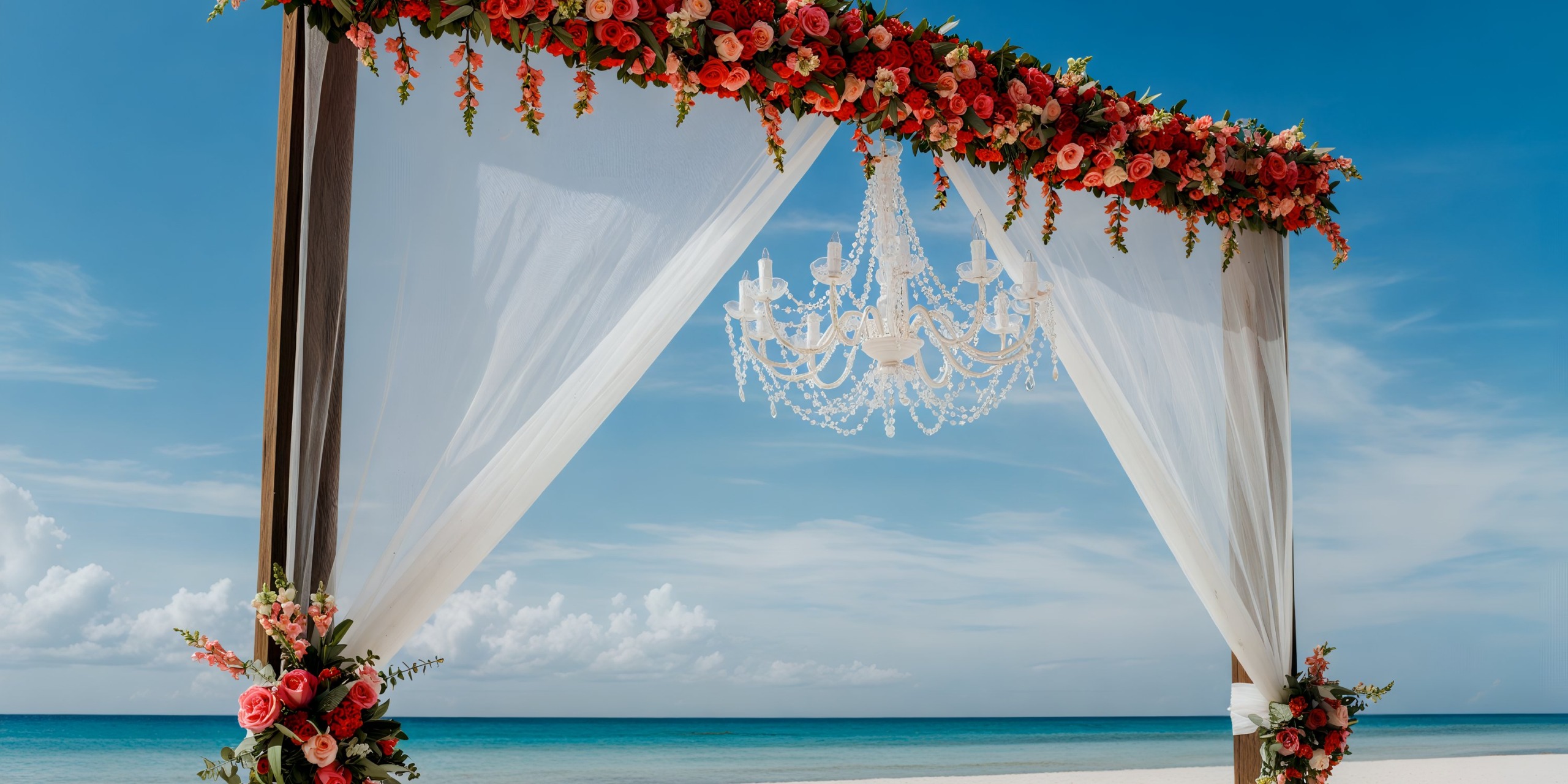 Sandos Playacar offers a stunning destination wedding setting with its beautiful beach arch adorned with vibrant red flowers and elegant white drapes. A sparkling chandelier adds a touch of glamour, all set against a breathtaking backdrop of blue sky and ocean views.