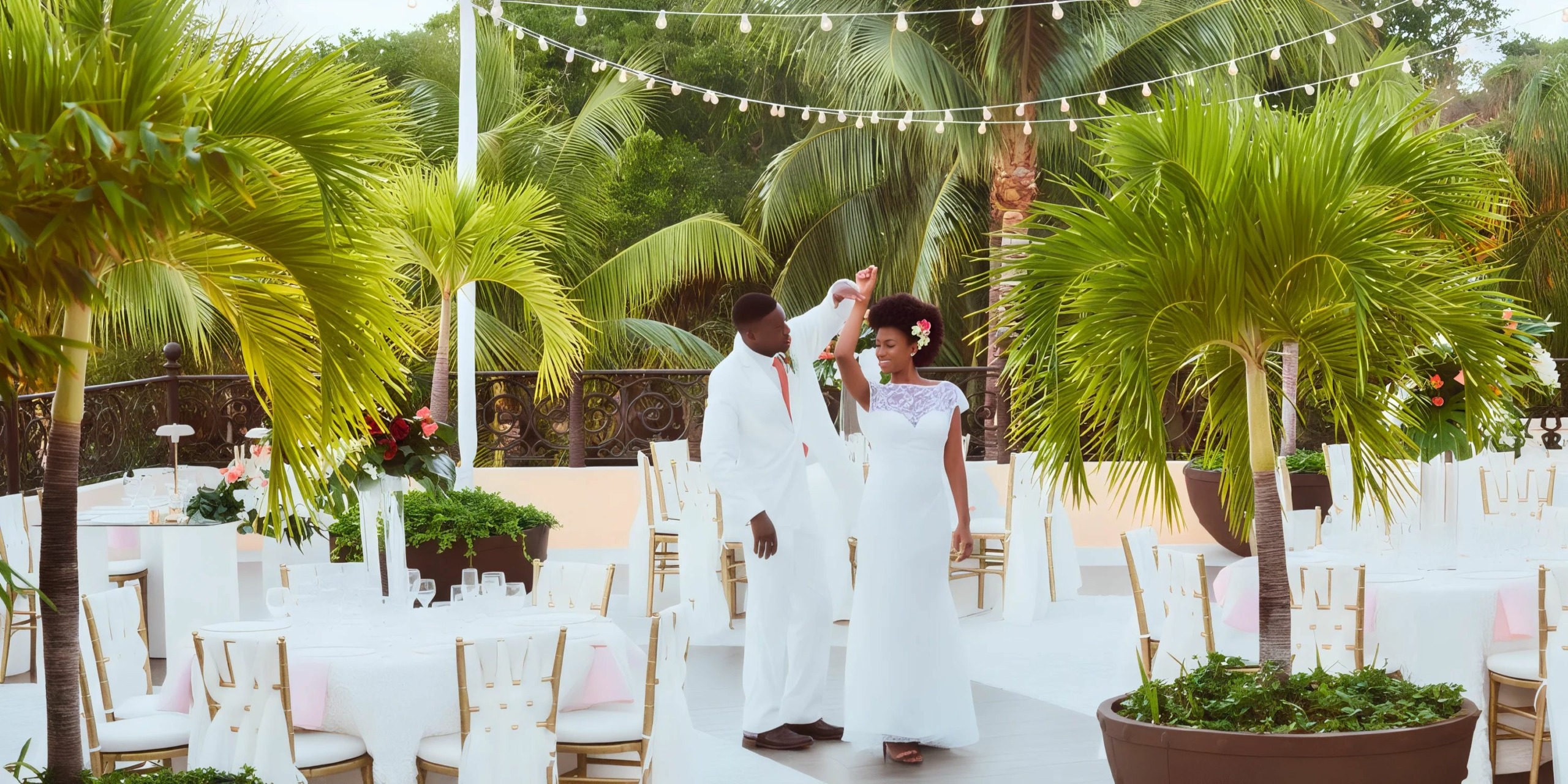 A couple dressed in white dances outdoors among palm trees and decorated tables, with string lights overhead.