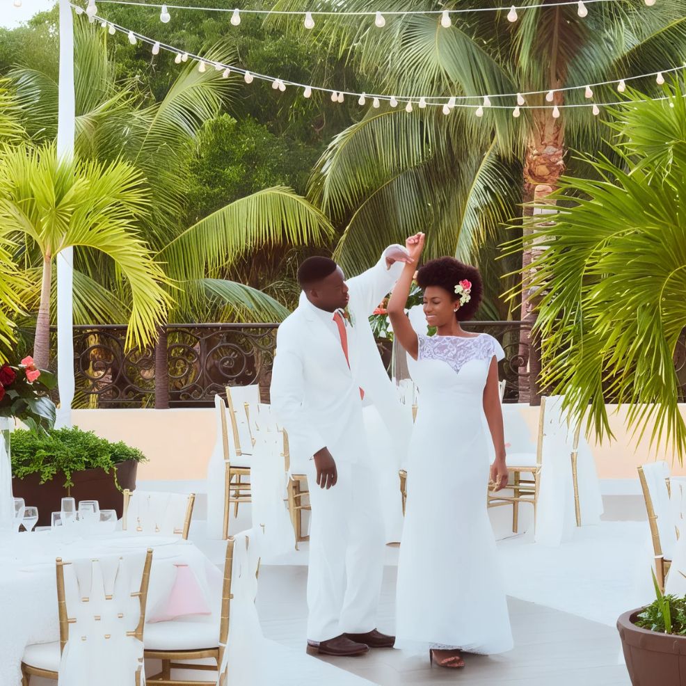 A couple dances under string lights at an outdoor wedding, surrounded by tropical plants and elegantly set tables.
