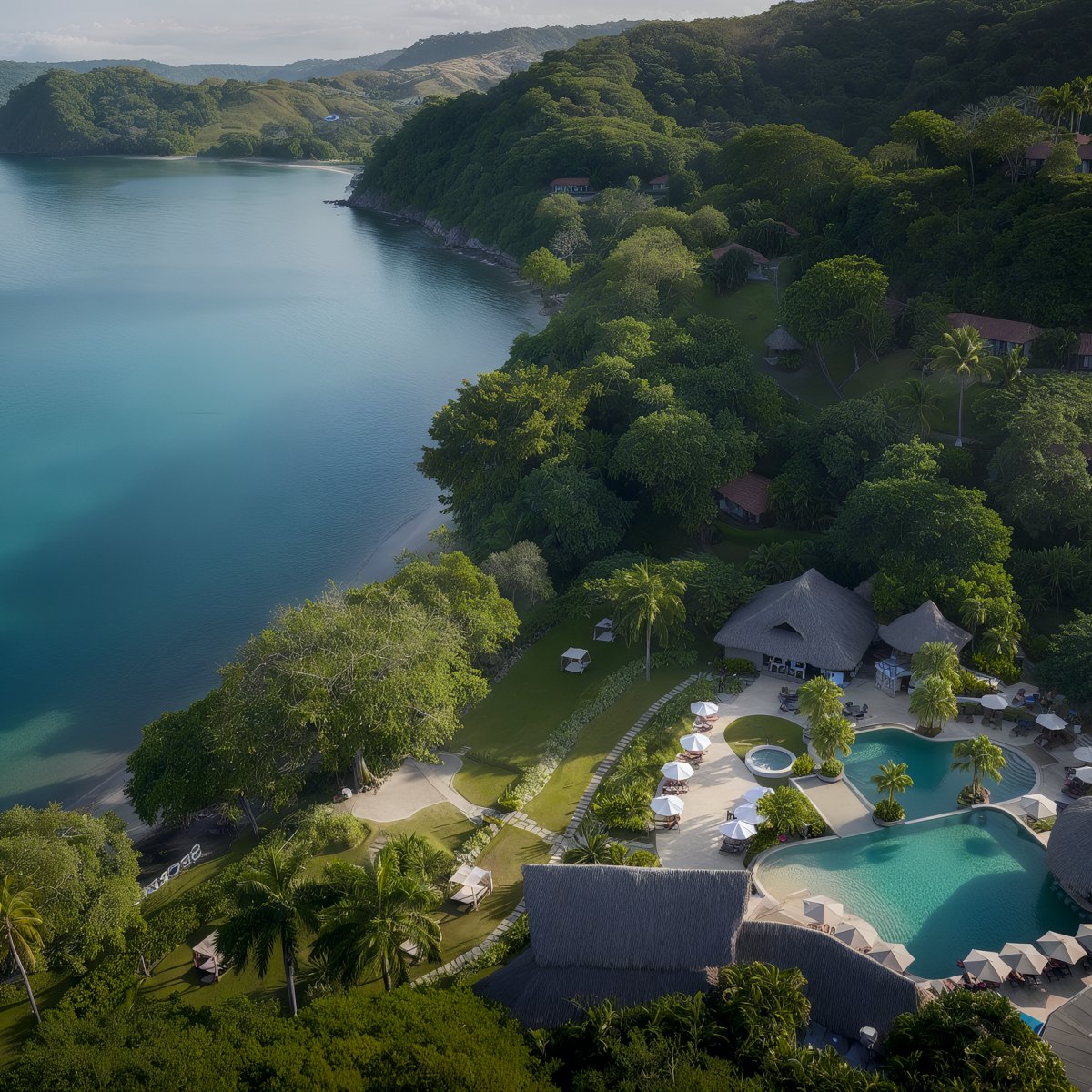 Aerial view of Secrets Papagayo, a coastal resort with a swimming pool, surrounded by lush greenery and overlooking a calm blue bay.