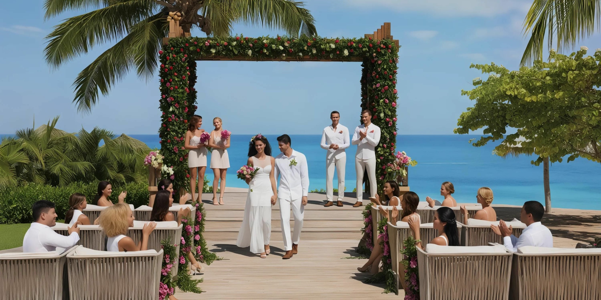 Two brides walk down the aisle at an outdoor beach wedding, with guests clapping and cheering on both sides. The ceremony arch is decorated with flowers, and the ocean and palm trees are visible behind.