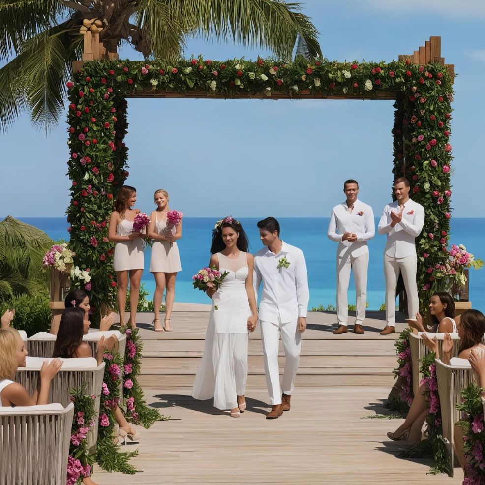 A bride and groom walk hand in hand down an aisle outdoors, with bridesmaids and groomsmen standing in the background. The ceremony area is decorated with flowers and overlooks a blue ocean.