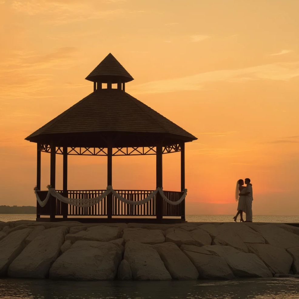 A couple embraces under a gazebo on a rocky shore at sunset. The sky is orange, and the gazebo is decorated with white ribbons.
