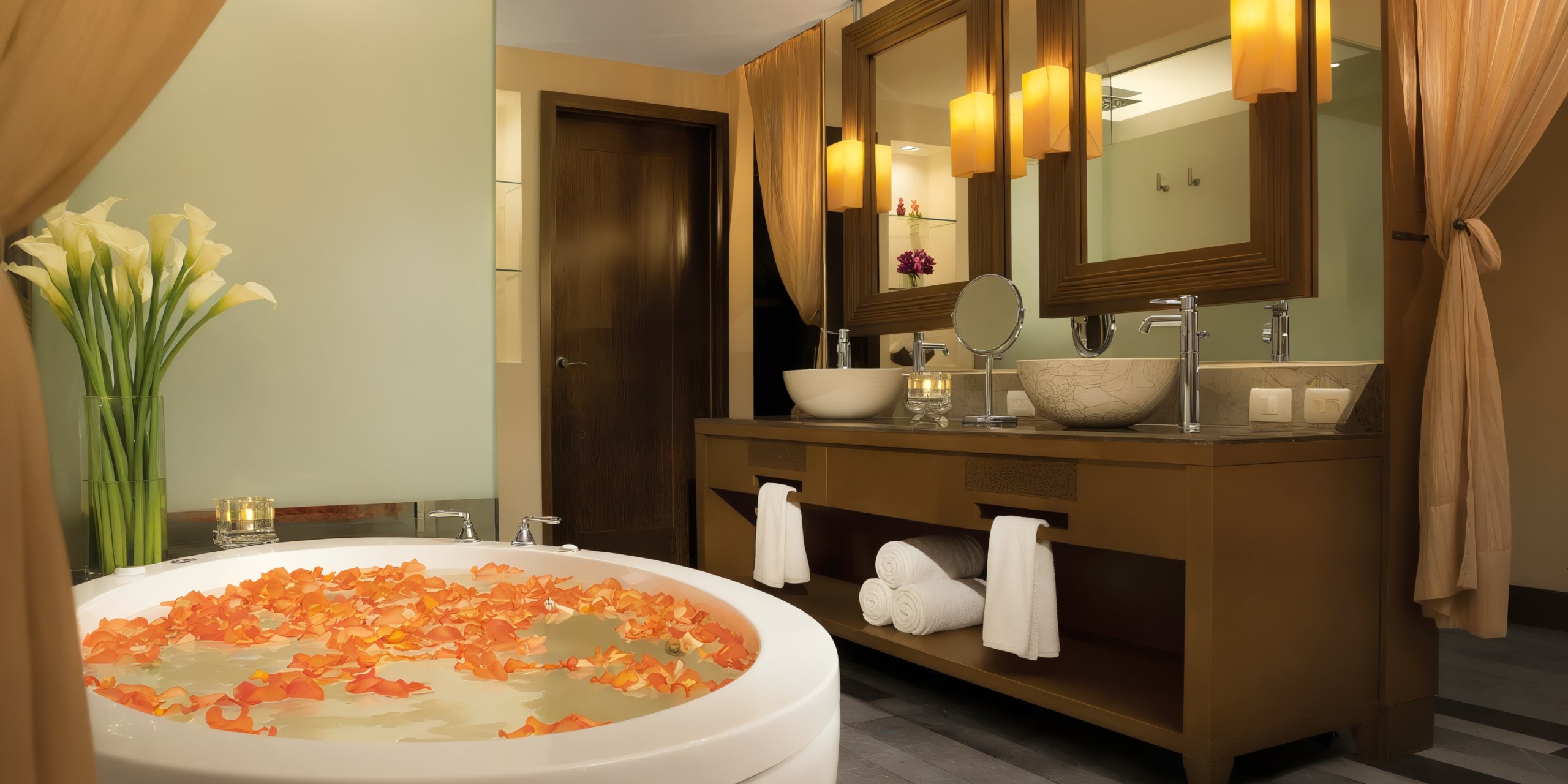 The Secrets Vallarta Bay offers a luxurious bathroom experience featuring a round tub filled with flower petals, double sinks atop a wooden vanity, large framed mirrors, and soft lighting.