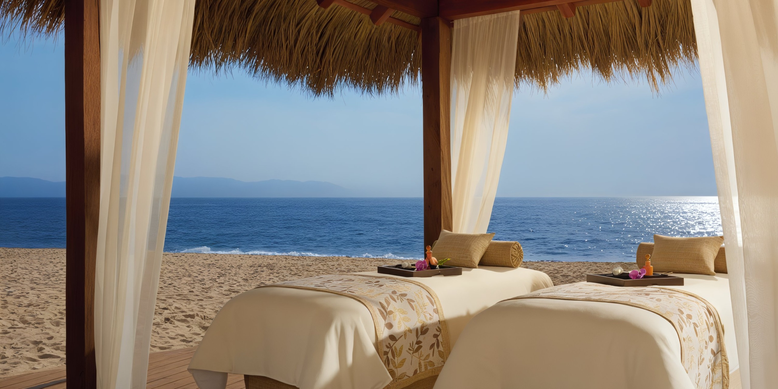 Two massage tables under the thatched canopy of Secrets Vallarta Bay overlook a sandy beach and a calm sea with gentle waves.