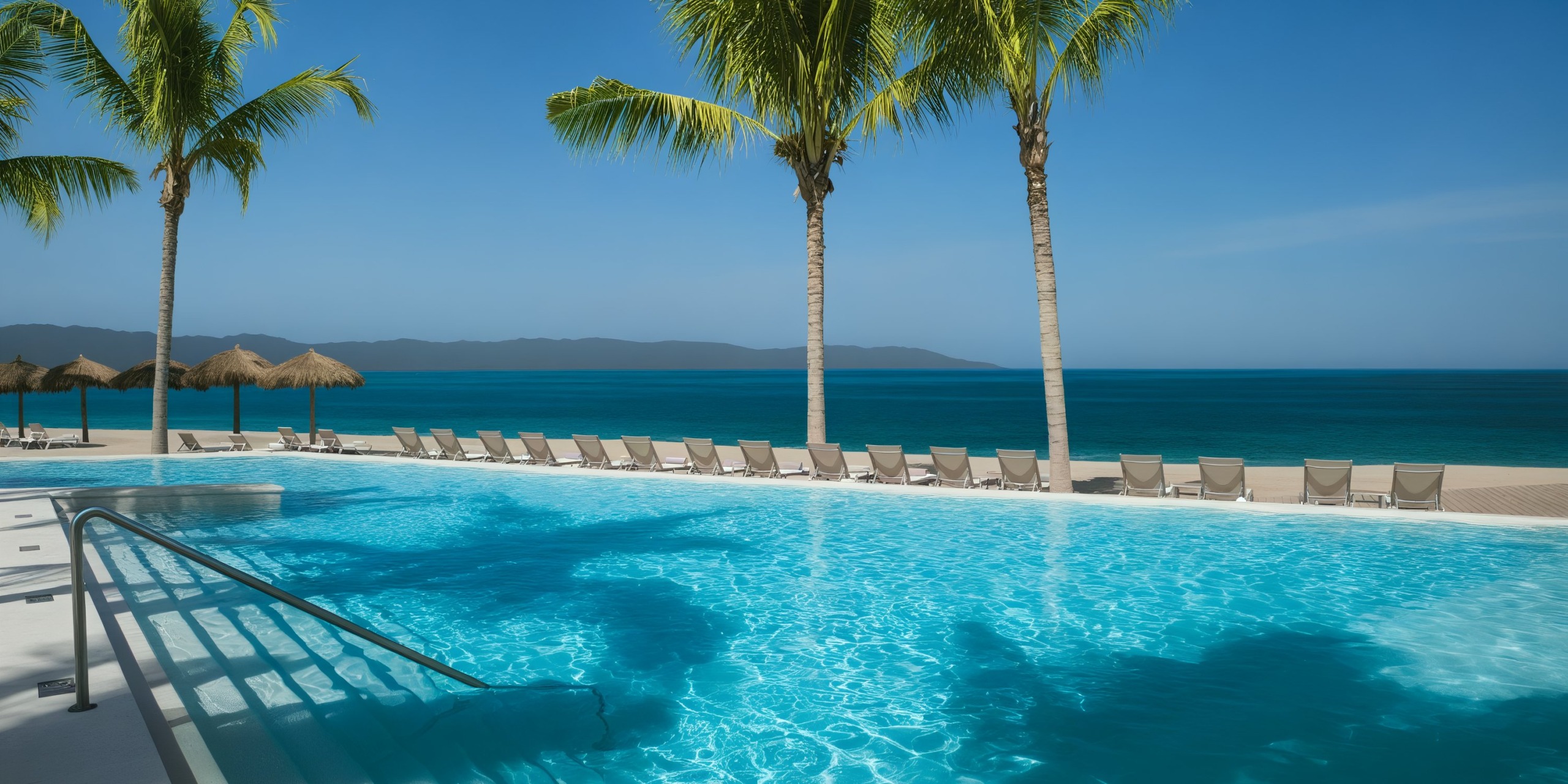The Secrets Vallarta Bay offers a stunning outdoor pool that overlooks a serene beach setting, complete with swaying palm trees and comfortable lounge chairs beneath a clear blue sky.