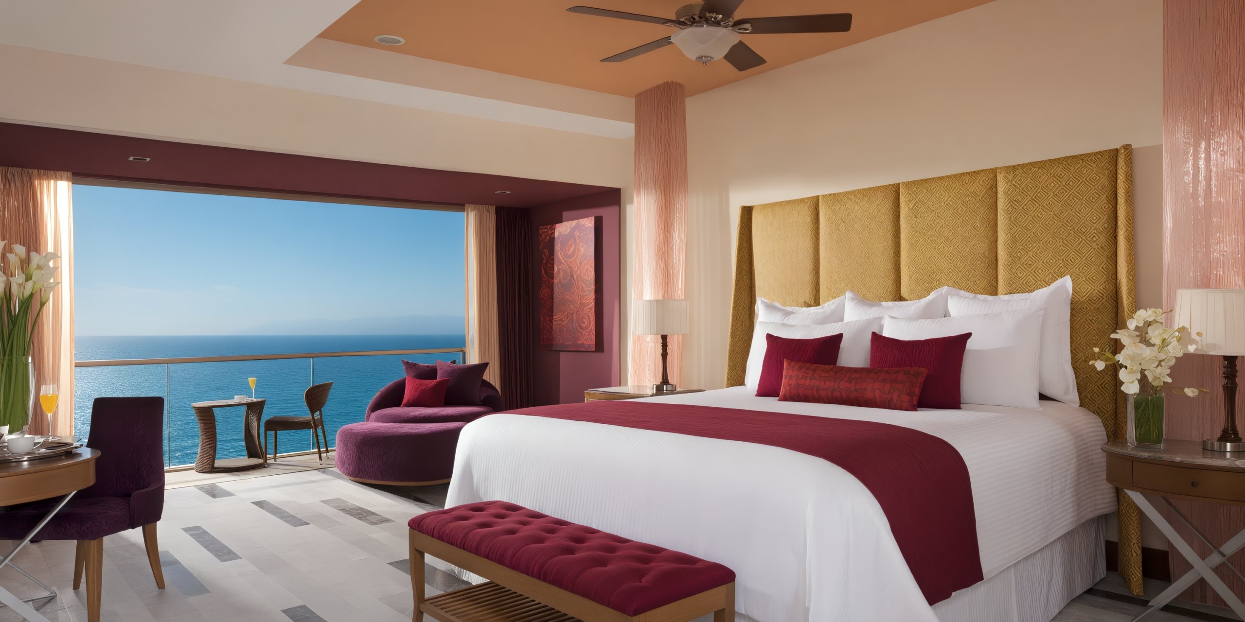 Enjoy a stay at Secrets Vallarta Bay, featuring a hotel room with a large bed, adorned in elegant red and gold decor. The room offers an ocean view through a wide window and includes amenities such as a small table with two chairs and a chaise lounge for relaxation.
