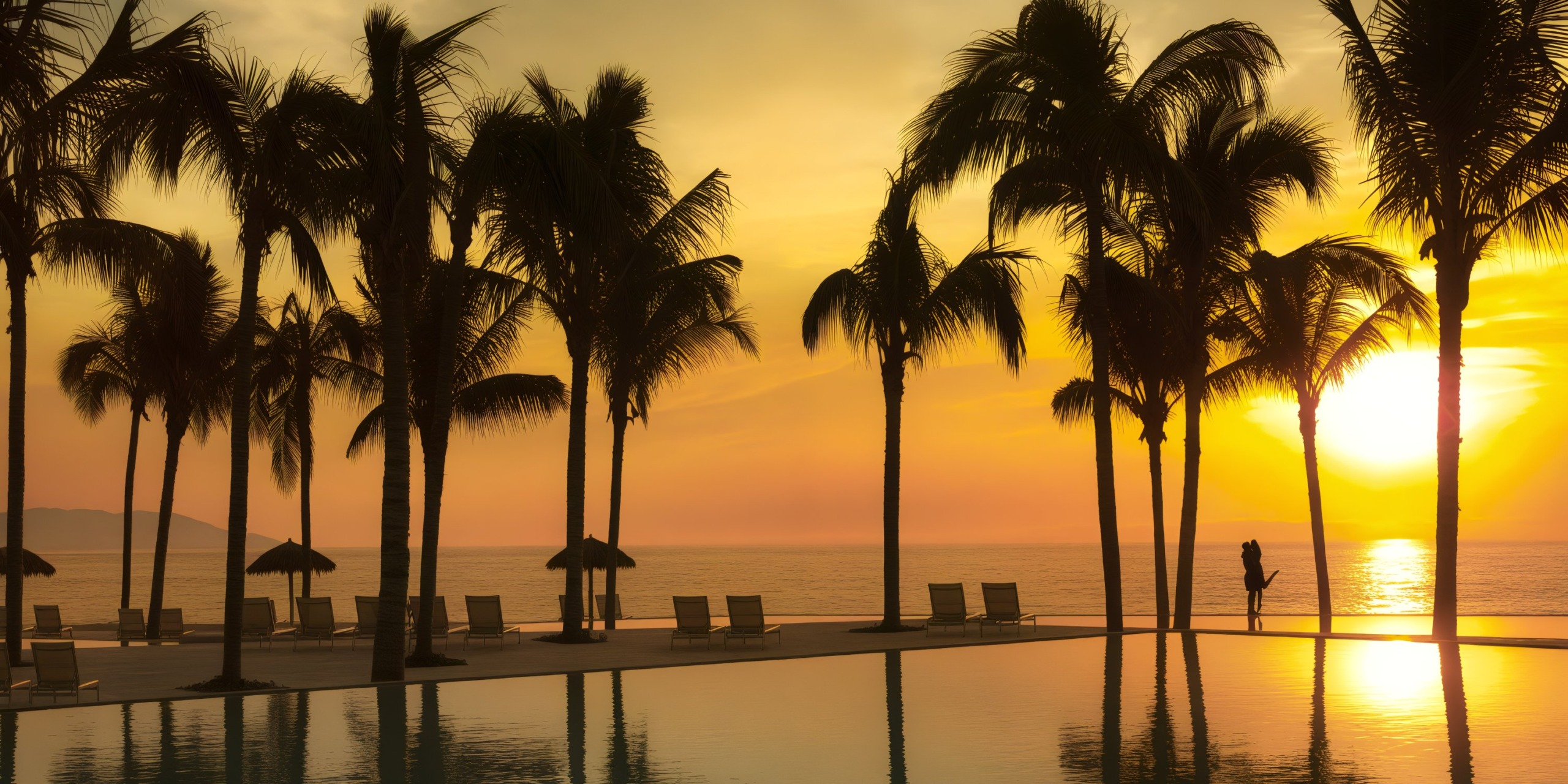 A row of palm trees silhouetted against a sunset beautifully frames Secrets Vallarta Bay, featuring a reflective pool in the foreground with a person standing near the edge.