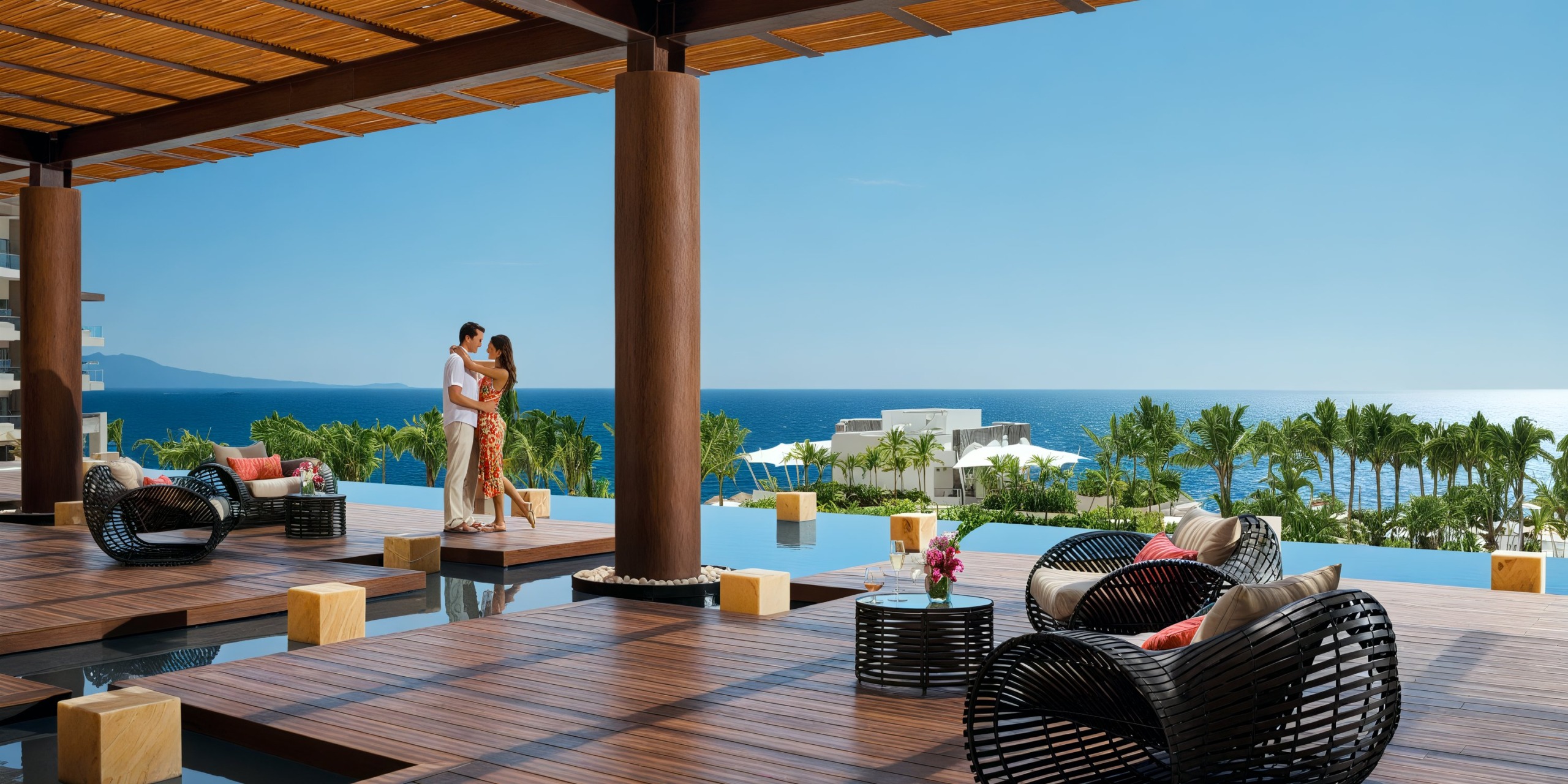 A couple embraces on the wooden deck of Secrets Vallarta Bay, overlooking the ocean and surrounded by modern wicker chairs and a pool.