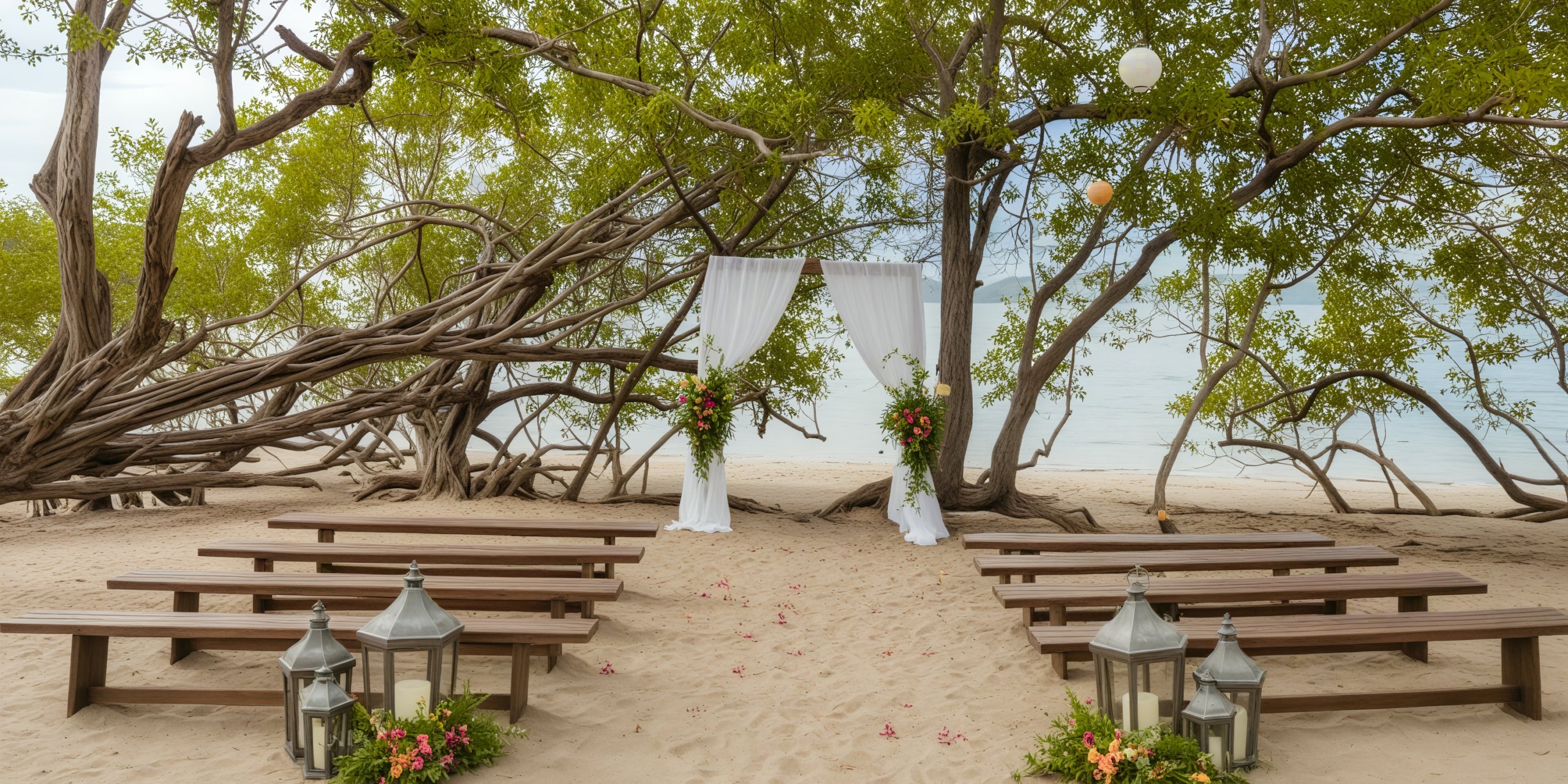 Destination wedding at Secrets Papagayo features benches, lanterns, and a beautifully draped arch nestled among the trees on the beach.