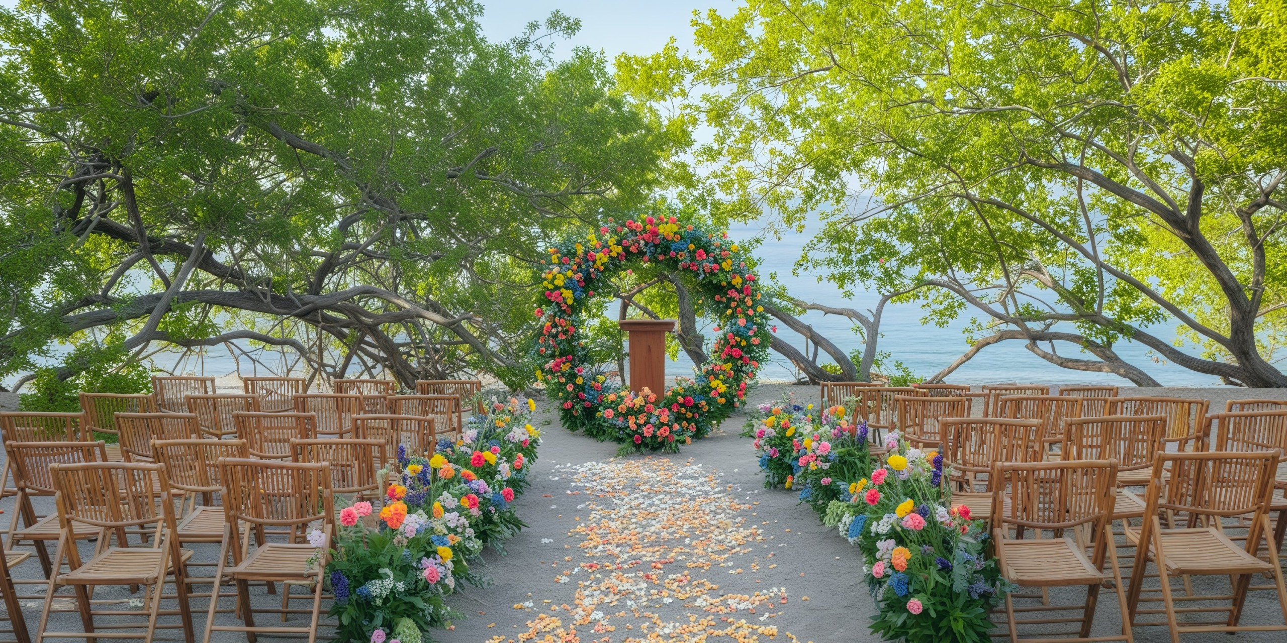 Experience a breathtaking destination wedding with an outdoor ceremony at Secrets Papagayo, featuring a stunning floral arch, elegantly arranged chairs, and an aisle adorned with delicate petals.