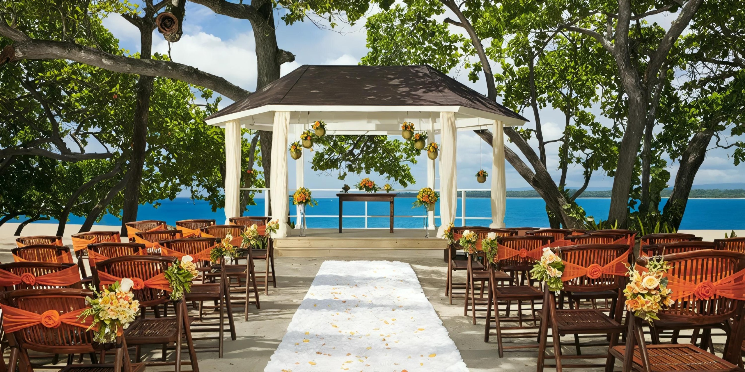 Outdoor wedding ceremony setup with a white gazebo, chairs with orange sashes, flower arrangements, and a white aisle runner. Ocean and trees are in the background.