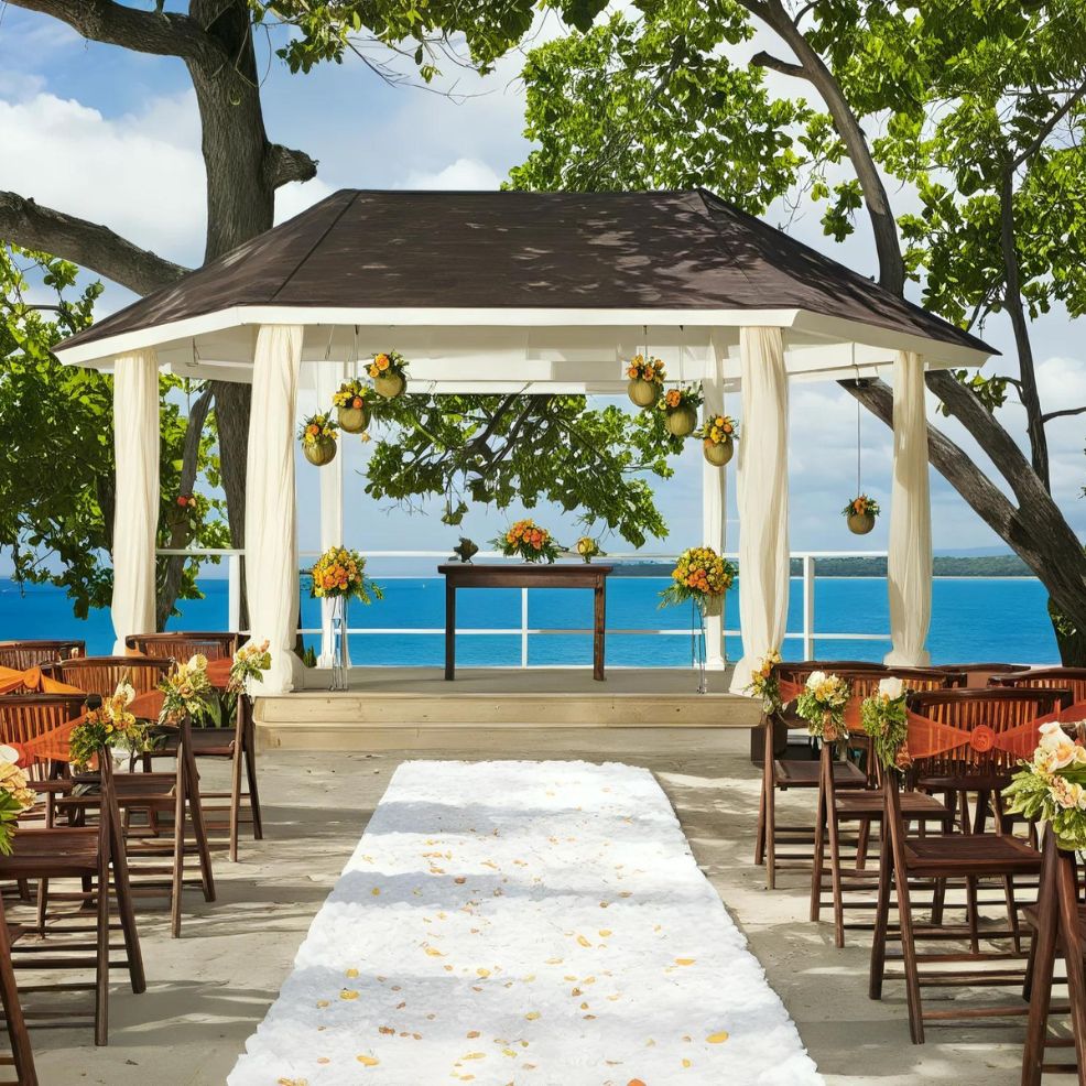 Outdoor wedding altar decorated with flowers, under a gazebo with a sea view. Chairs are arranged in rows, flanking an aisle covered with petals.