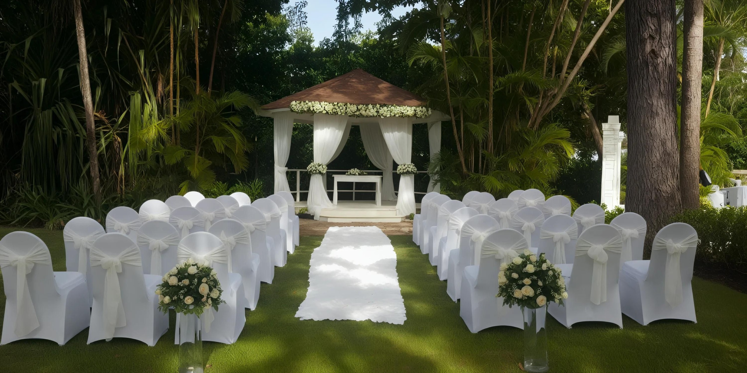 Outdoor wedding setup with white chairs and a carpet leading to a decorated gazebo surrounded by greenery.