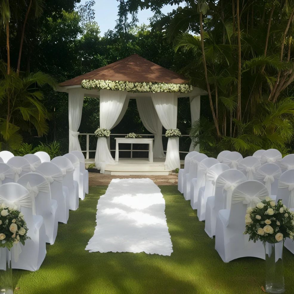 Outdoor wedding setup with a wooden gazebo draped in white fabric and flowers. Rows of white-covered chairs are aligned on both sides of an aisle covered with white cloth, surrounded by greenery.