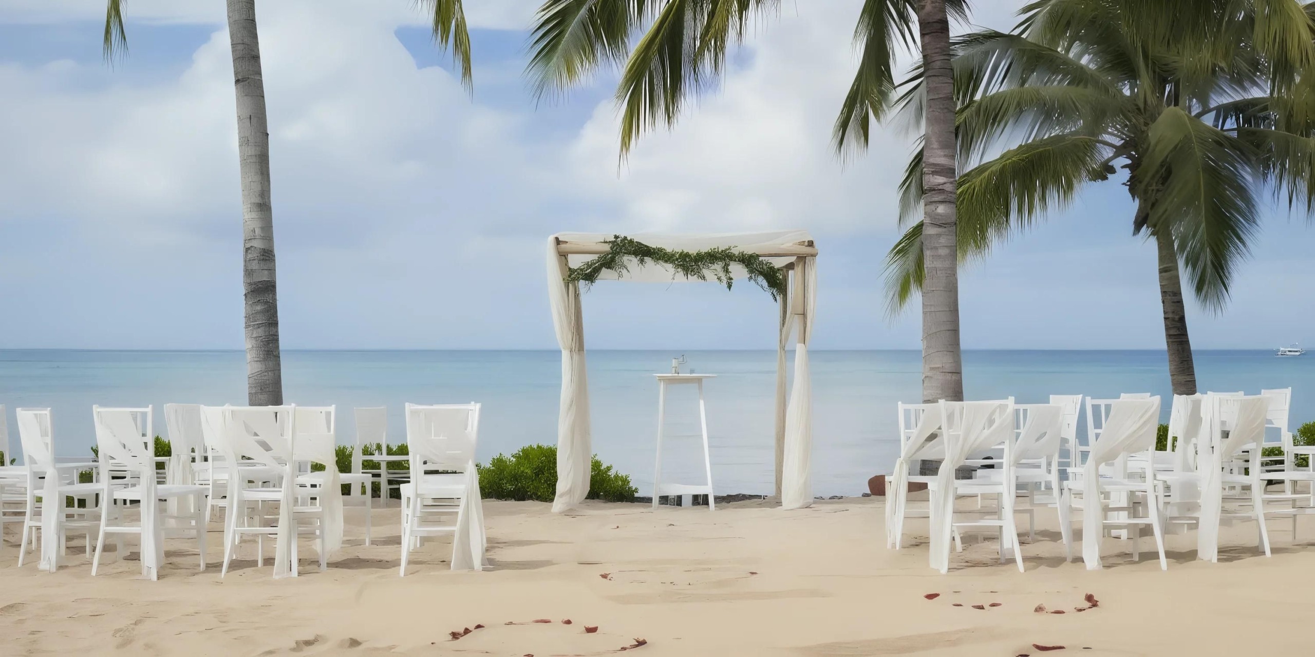 Beach wedding setup with white chairs, an arch draped with fabric and greenery, and palm trees facing the ocean.