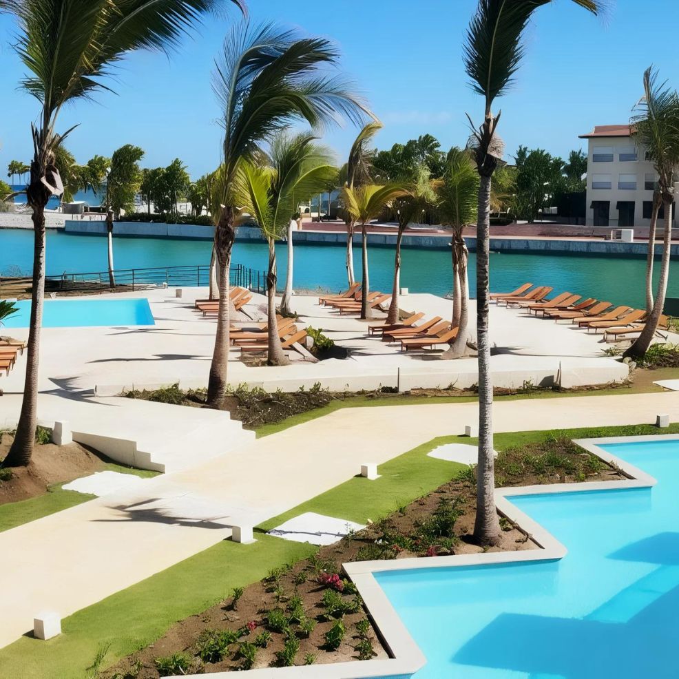 Poolside area with sun loungers and palm trees beside a lagoon under a clear blue sky.