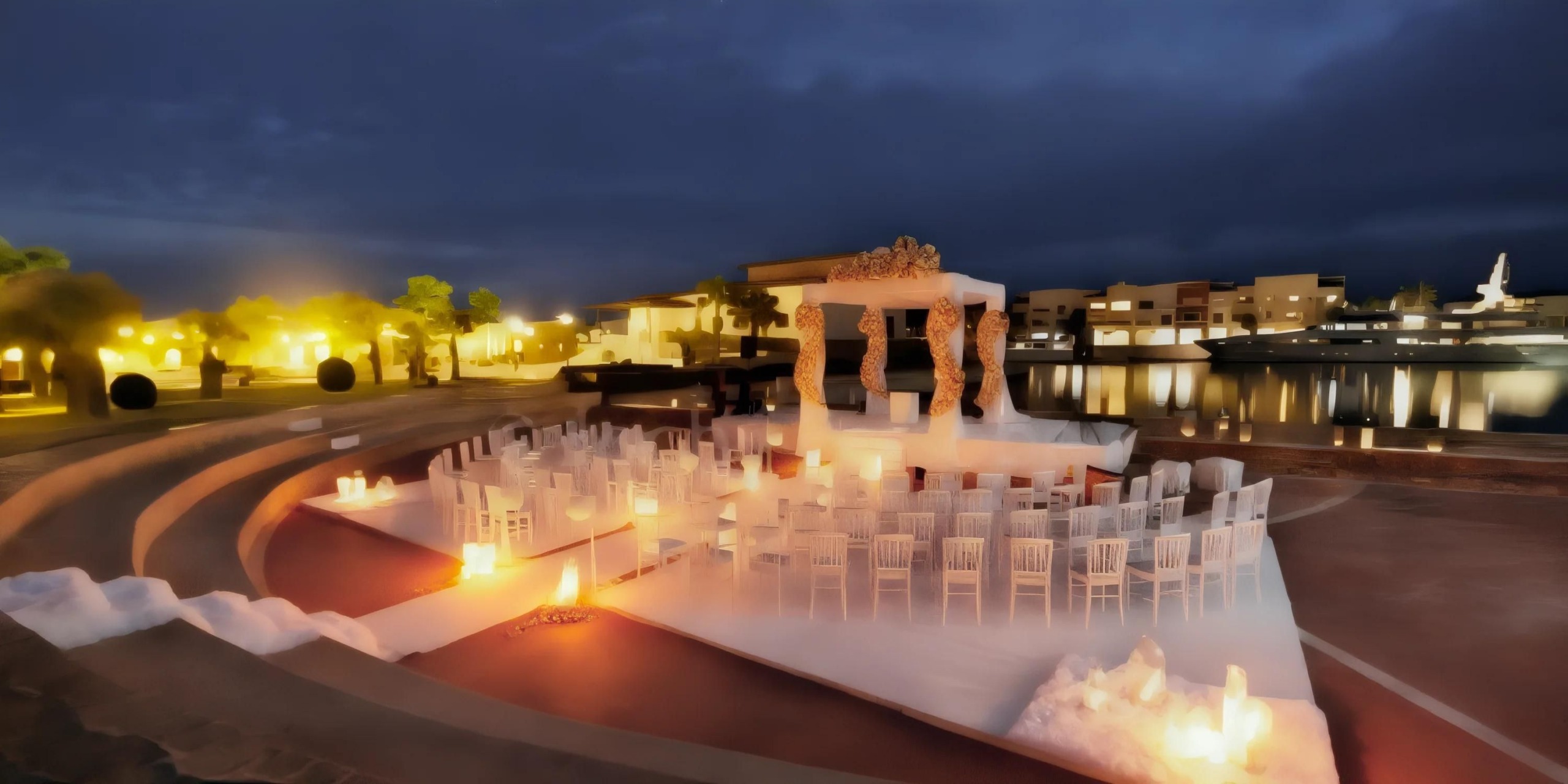 Outdoor wedding venue by a lake, featuring rows of white chairs and a decorative gazebo, illuminated by warm lights, under a twilight sky.