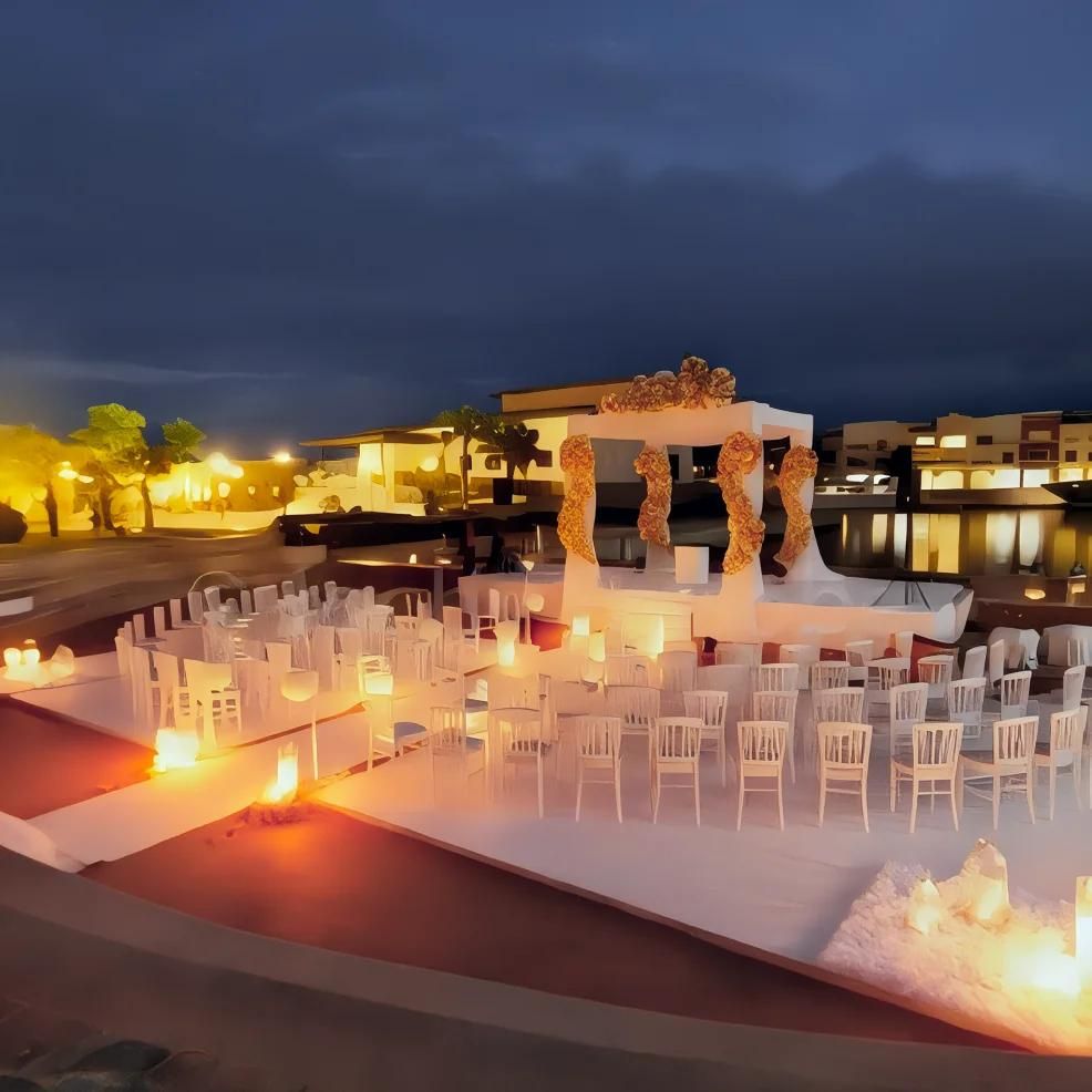 An outdoor wedding setup with white chairs and an illuminated altar decorated with flowers by a waterfront at dusk.