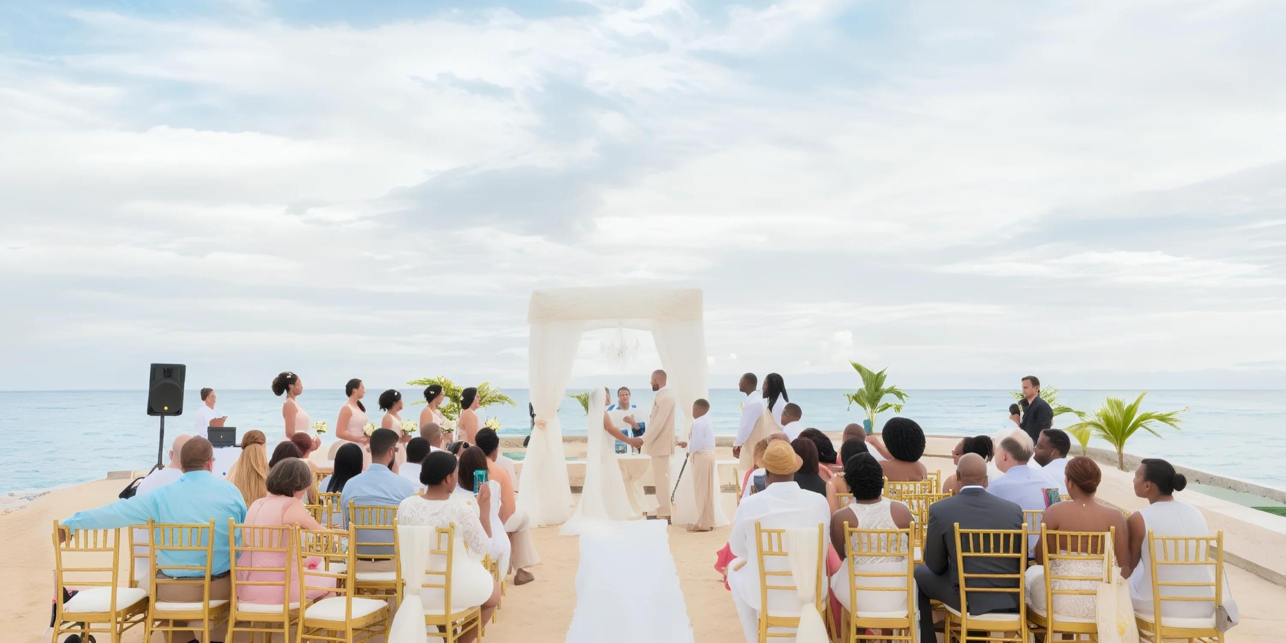 Outdoor beach wedding ceremony with guests seated on golden chairs, a couple standing under a white canopy, and the ocean in the background.