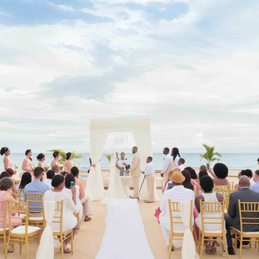 A beach wedding ceremony with a couple exchanging vows under a white canopy, surrounded by guests seated on gold chairs.