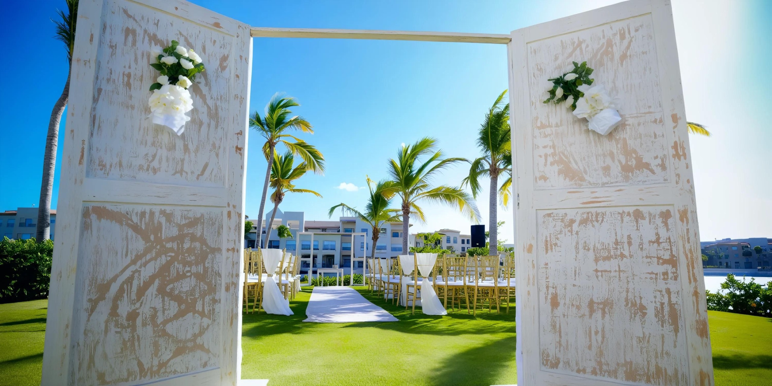 Outdoor wedding setup at the TRS Cap Cana Waterfront & Marina Hotel, featuring two large wooden doors adorned with white flowers. The pathway, lined with chairs and surrounded by palm trees, unfolds under a clear blue sky.