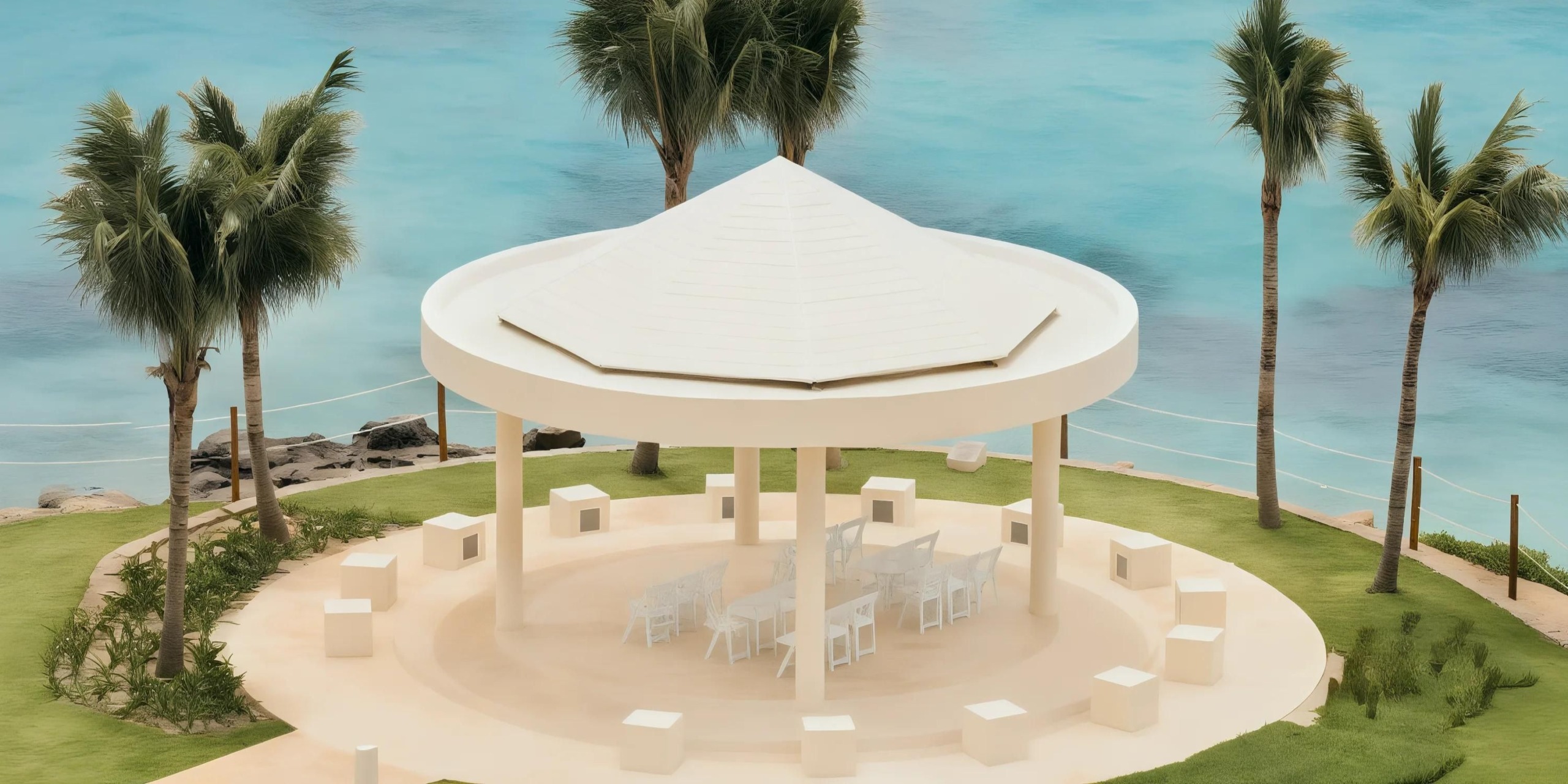 White gazebo with chairs on a grassy area overlooking the ocean, surrounded by palm trees.