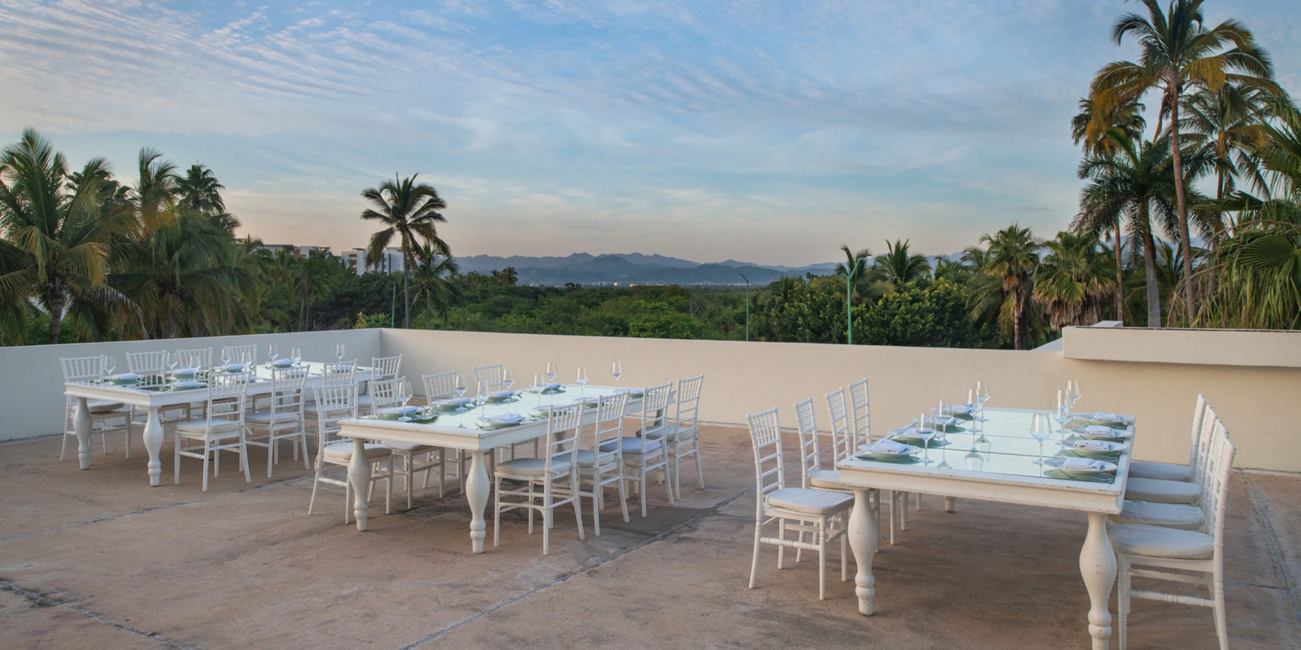 A beautiful outdoor wedding dining setup featuring elegant white tables and chairs on a patio, surrounded by majestic palm trees.