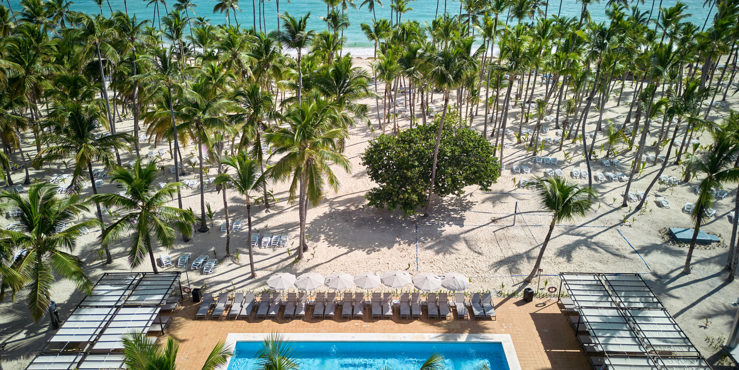 An aerial view of Hotel Riu Palace Macao surrounded by palm trees.