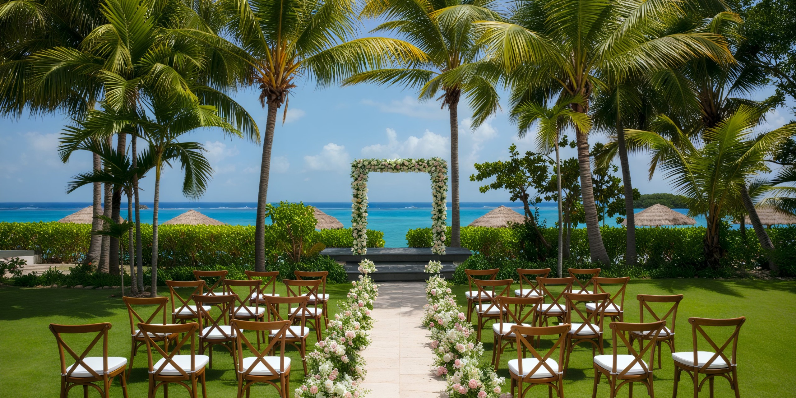 A stunning outdoor destination wedding setup at Zoetry Montego Bay features rows of chairs arranged to face a beautifully adorned flower arch, all set against the breathtaking backdrop of the ocean.