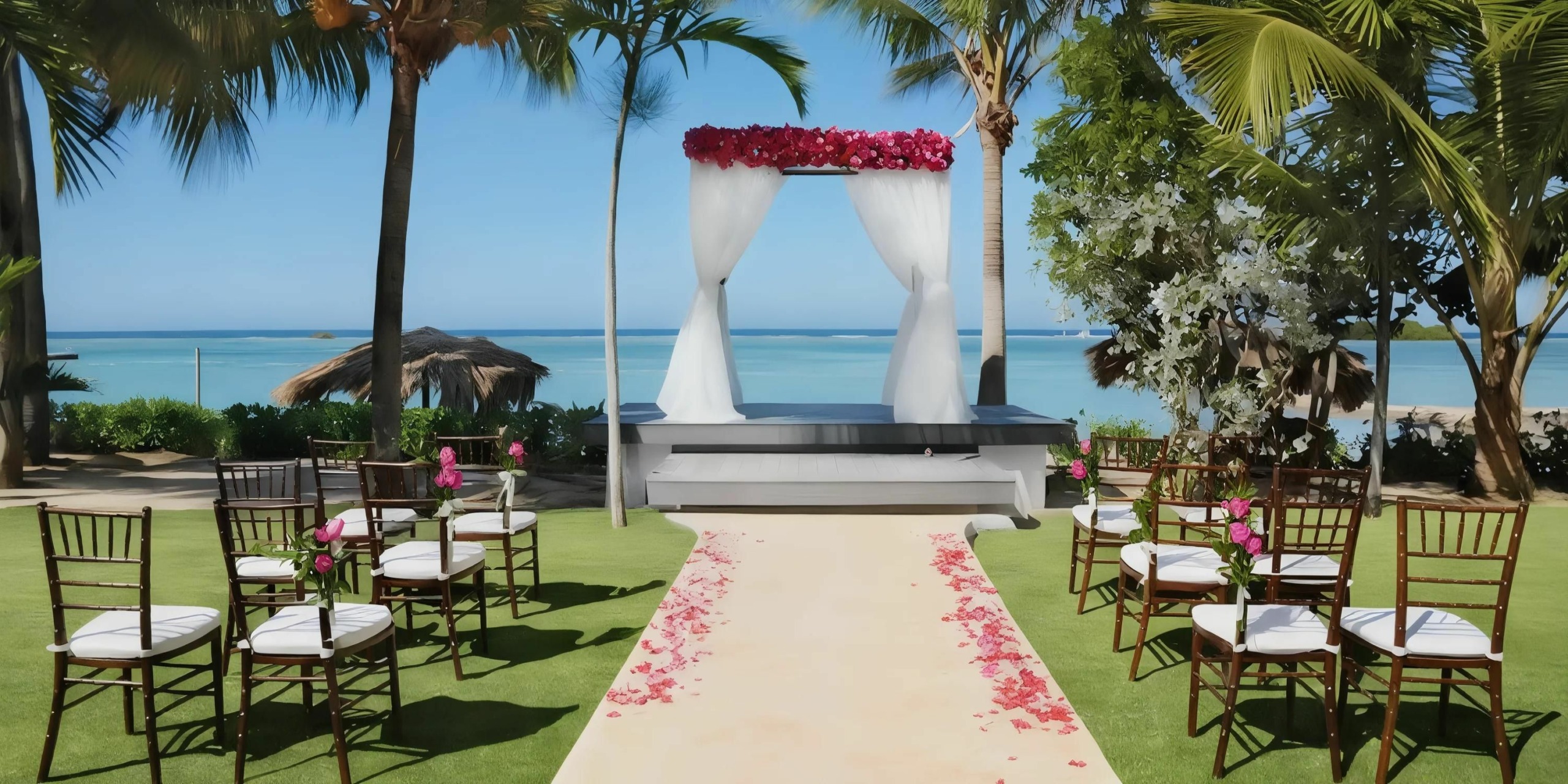 Outdoor beach wedding setup with an aisle lined with pink petals, leading to an altar with white draped fabric and red flowers, surrounded by palm trees and a backdrop of the ocean.