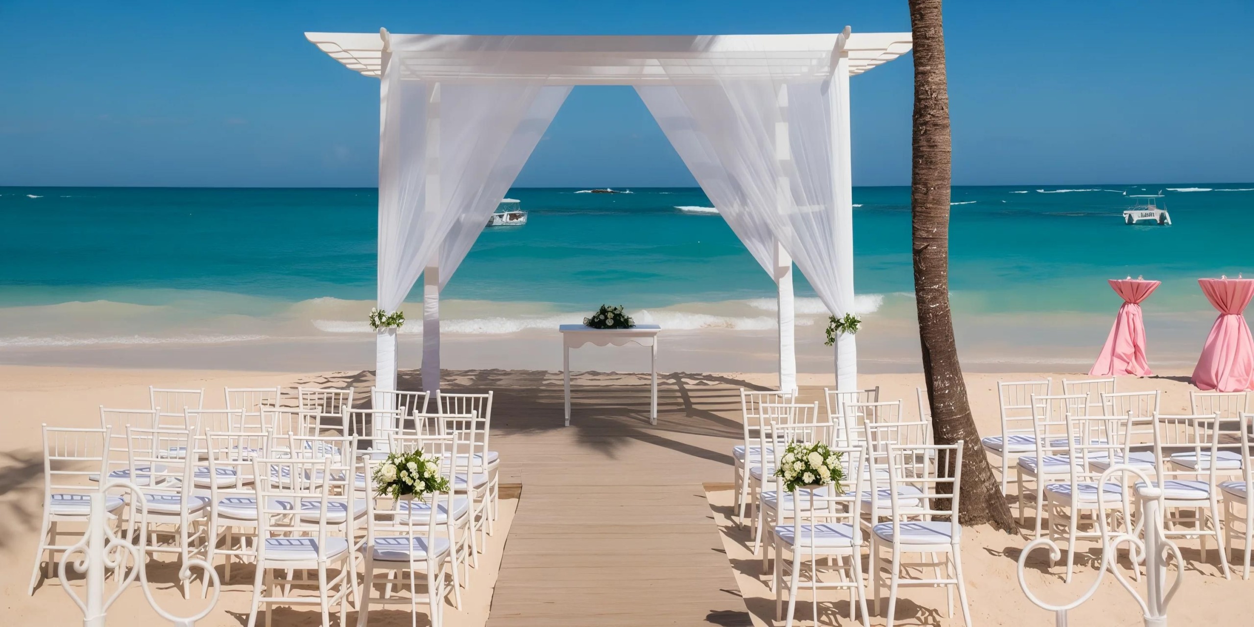An outdoor beach wedding setup with white chairs and a white arch facing the ocean, decorated with flowers.