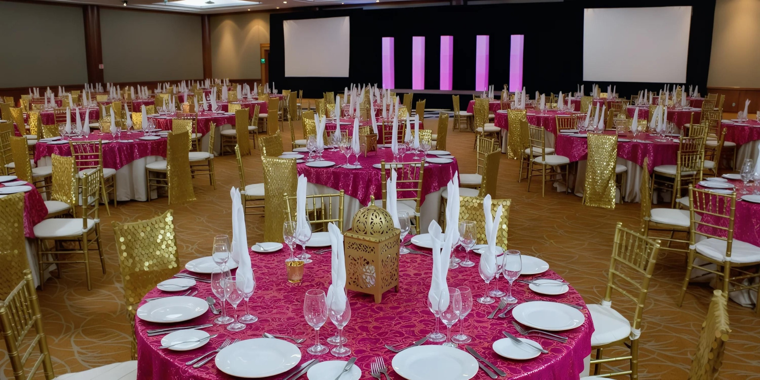 The event hall at Barceló Grand Faro Los Cabos is set up with gold chairs, round tables adorned with pink tablecloths, white table settings, and folded napkins, all against a backdrop of a stage and screens.