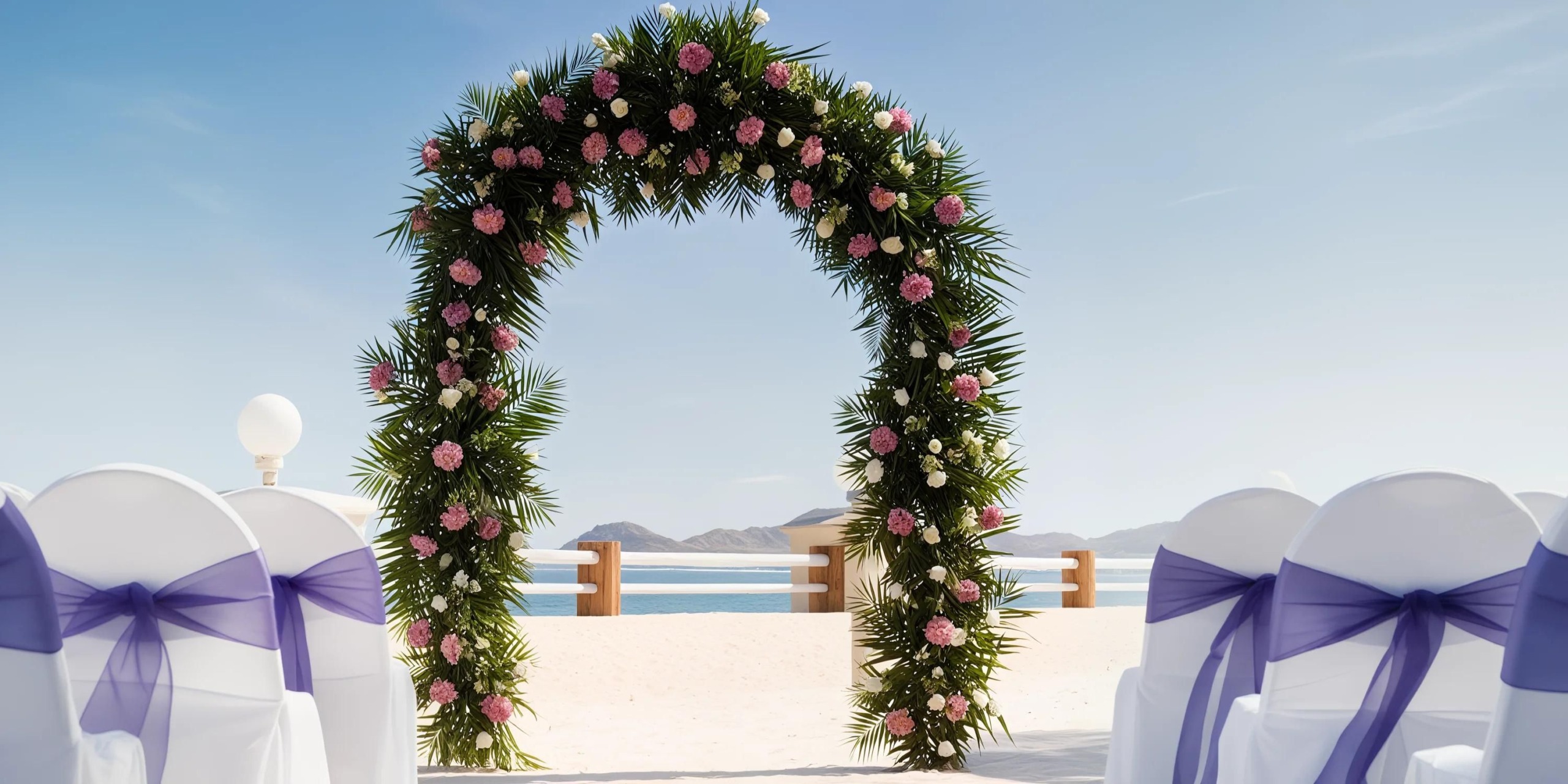 A floral arch adorned with pink and white flowers stands on the beach at Barceló Grand Faro Los Cabos, flanked by white chairs tied with purple bows. The ocean and distant mountains provide a stunning backdrop under a clear sky.