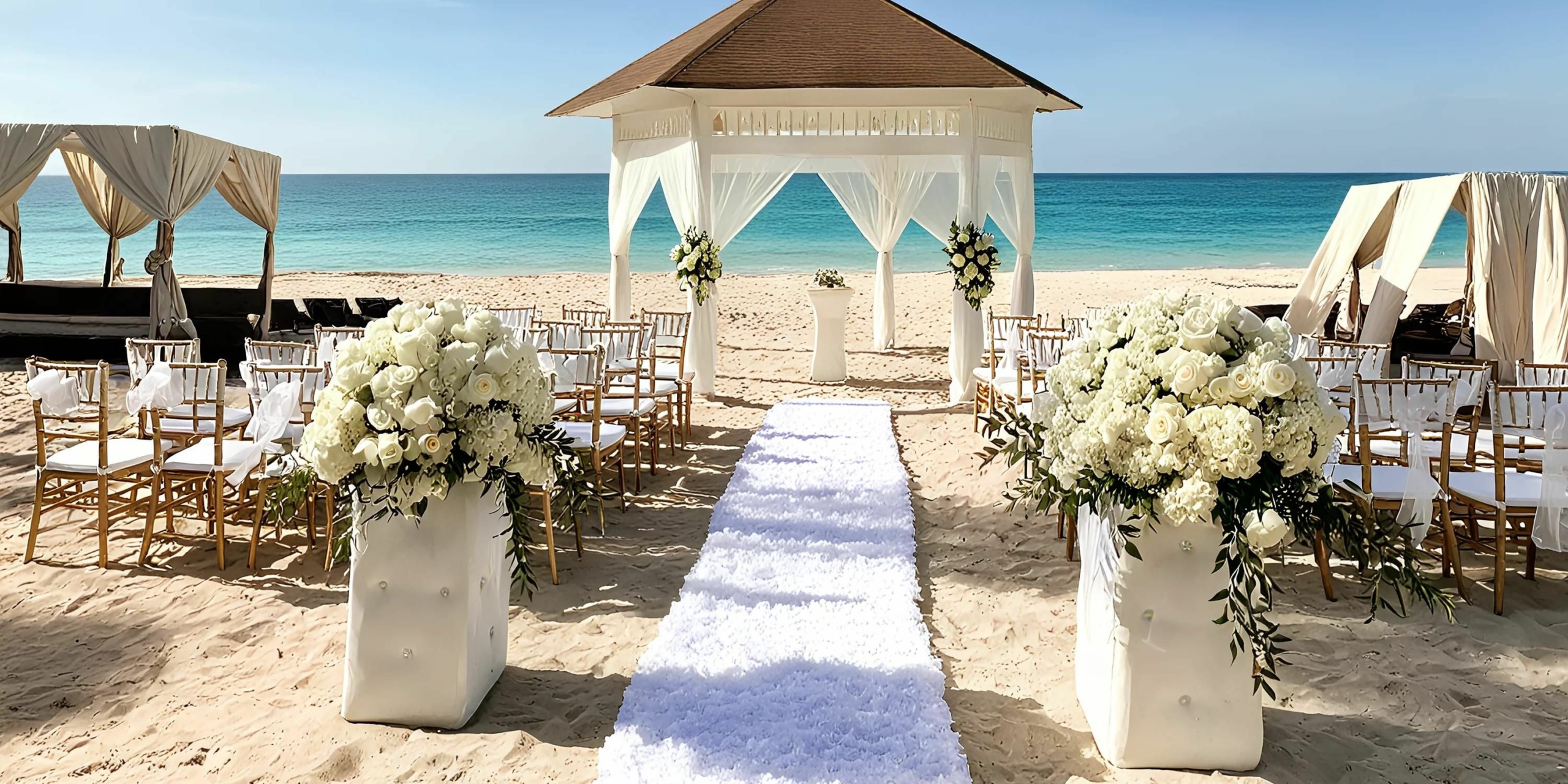 A beach wedding setup at the Royalton Punta Cana with a white aisle runner, floral arrangements, and chairs facing a small canopy near the ocean.