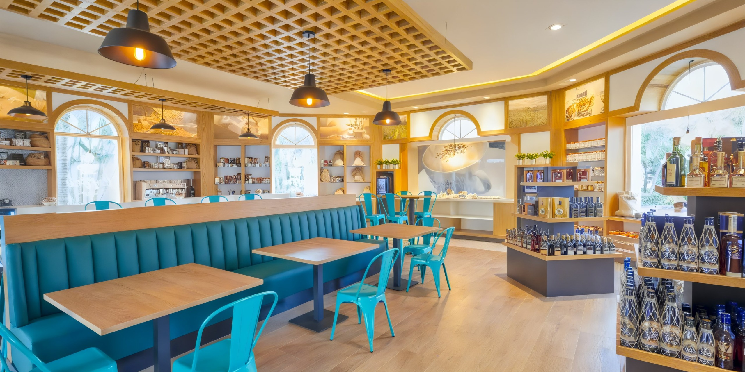 Bahia Principe Luxury Ambar features a stylish, modern café with teal chairs, wooden tables, shelves stocked with diverse items, and large arched windows.
