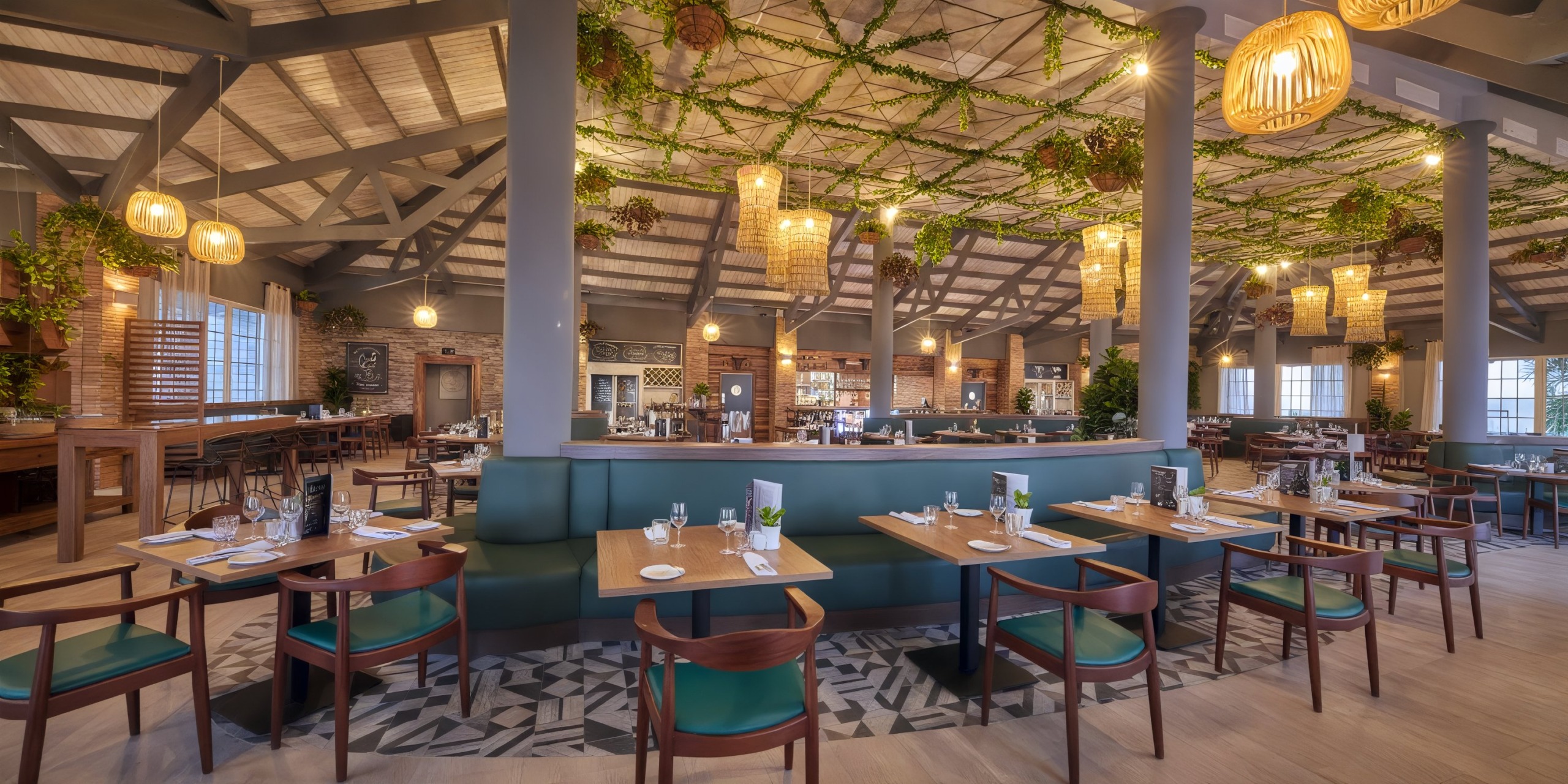 The Bahia Principe Luxury Ambar features a spacious restaurant interior with wooden beams, hanging plants, and pendant lights. Neatly arranged tables are set with plates and glasses around the room.