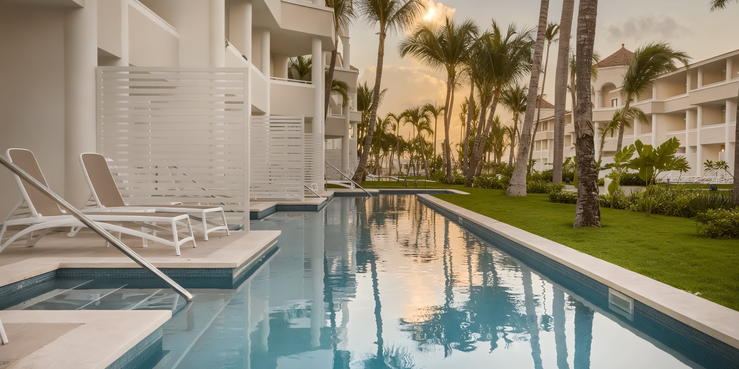 The outdoor pool at Bahia Principe Luxury Ambar is lined with lounge chairs and surrounded by palm trees and buildings, offering a stunning view of the sunset.