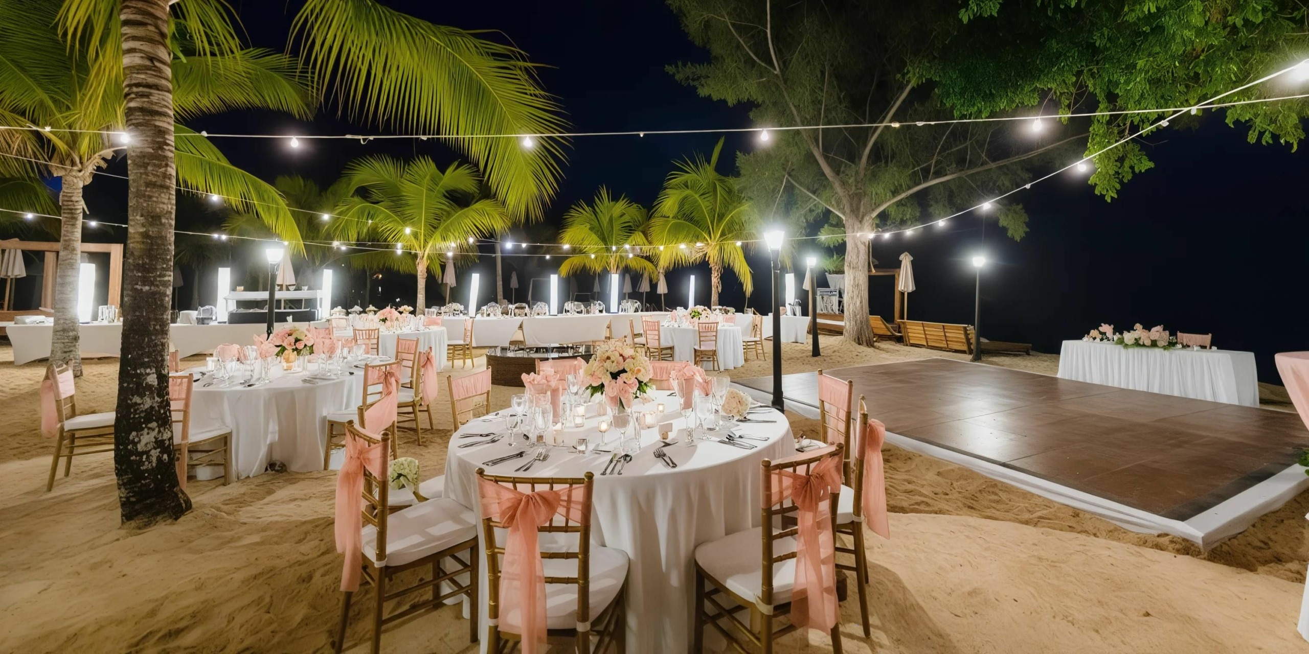 Outdoor wedding reception setup on a sandy beach at night with round tables decorated with pink accents, string lights overhead, palm trees, and a dance floor in the background at Secrets St. James Montego Bay.