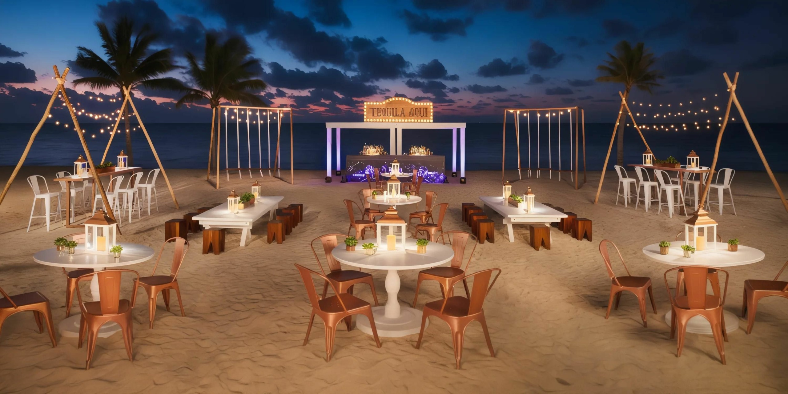A beach setup at dusk with tables, chairs, string lights, tiki torches, and a sign labeled "Tequila Anew" above a bar. Tables with candles and greenery are in the foreground. Palm trees in the background.