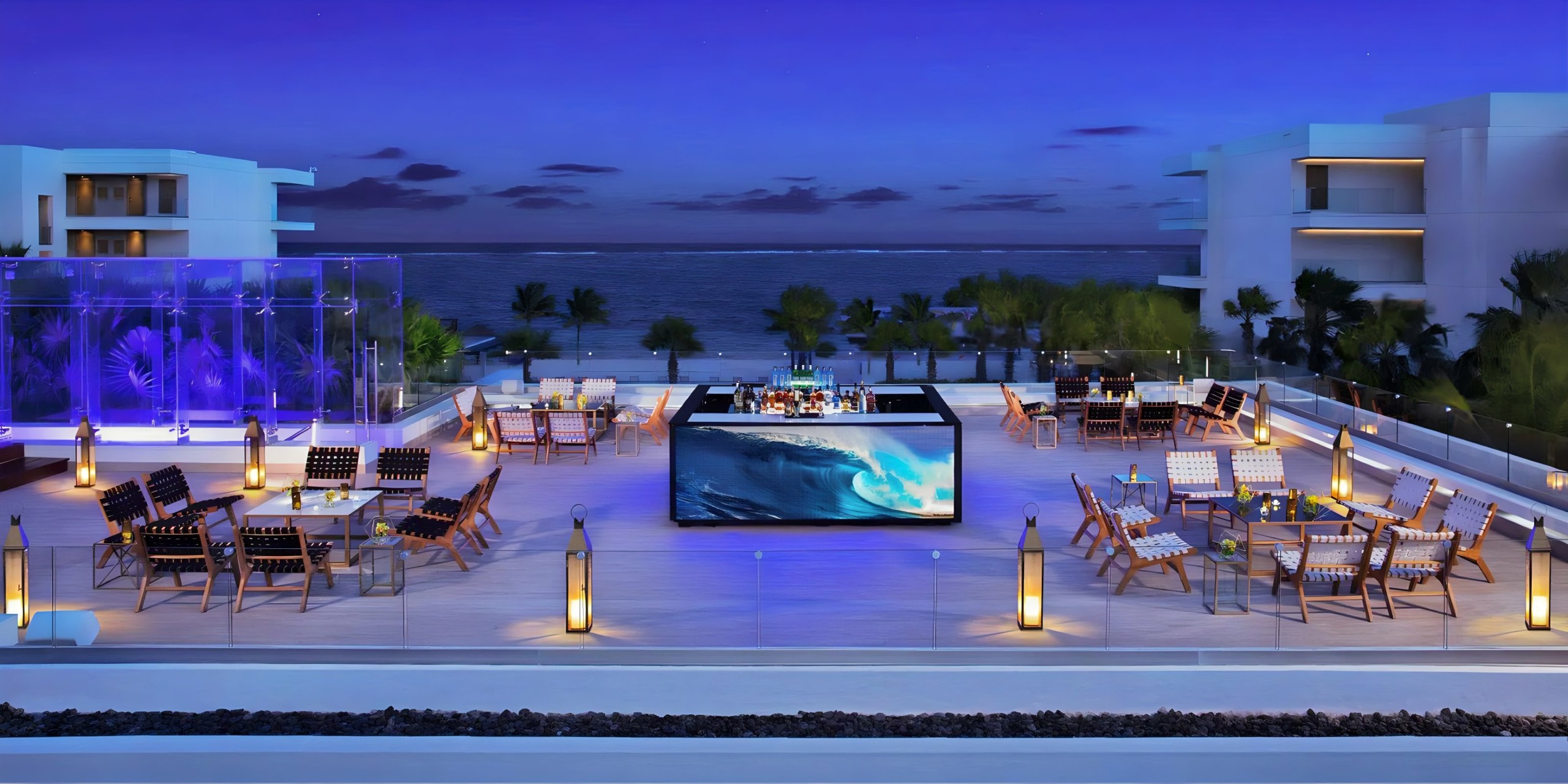 Purple rooftop lounge at Breathless Riviera Cancun Resort & Spa Puerto Morelos, Q.R., Mexico