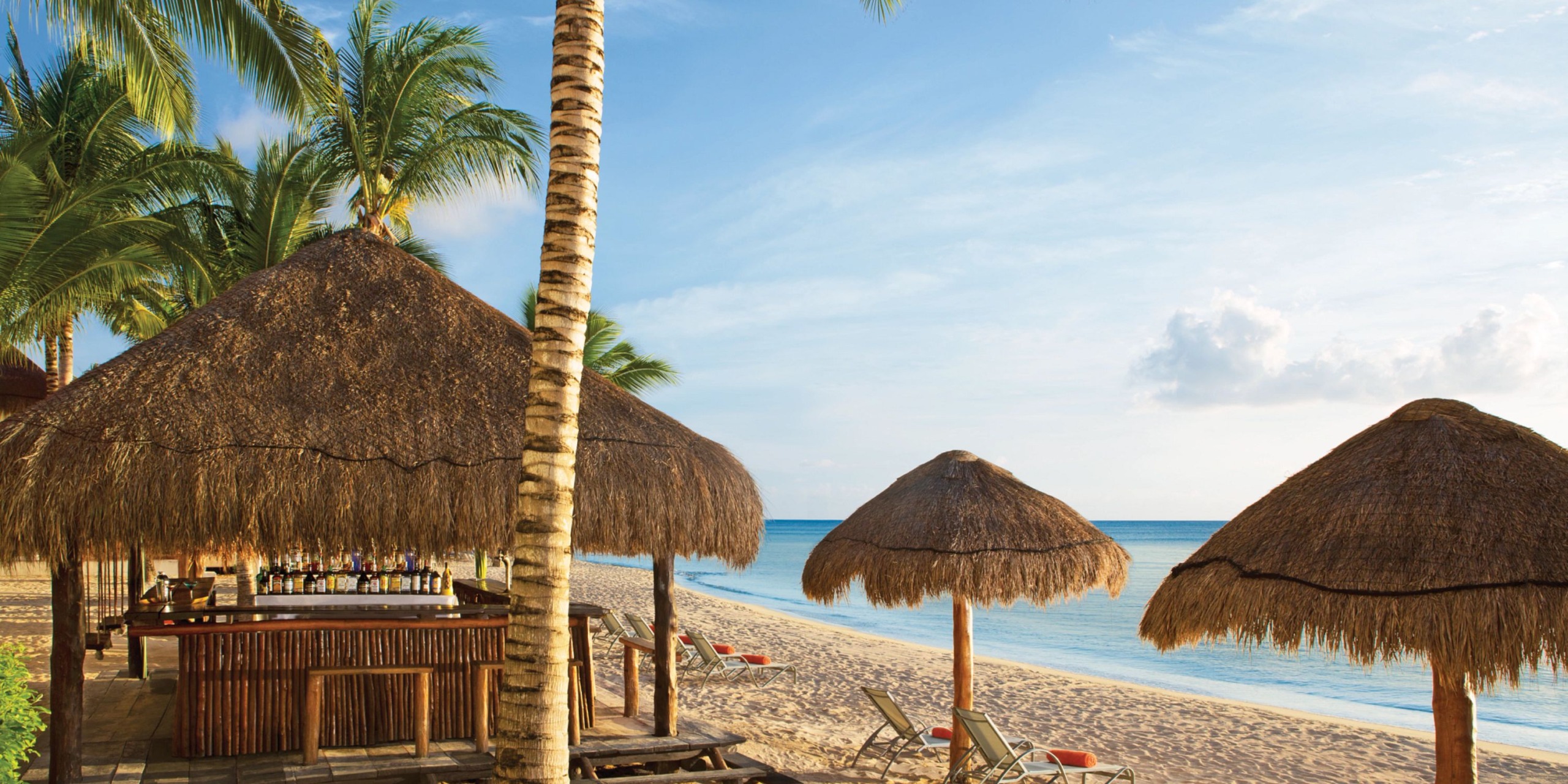 Beach scene with palm trees, thatched-roof huts, and lounge chairs on the sand facing a calm ocean under a clear blue sky at Dreams Cozumel Cape.