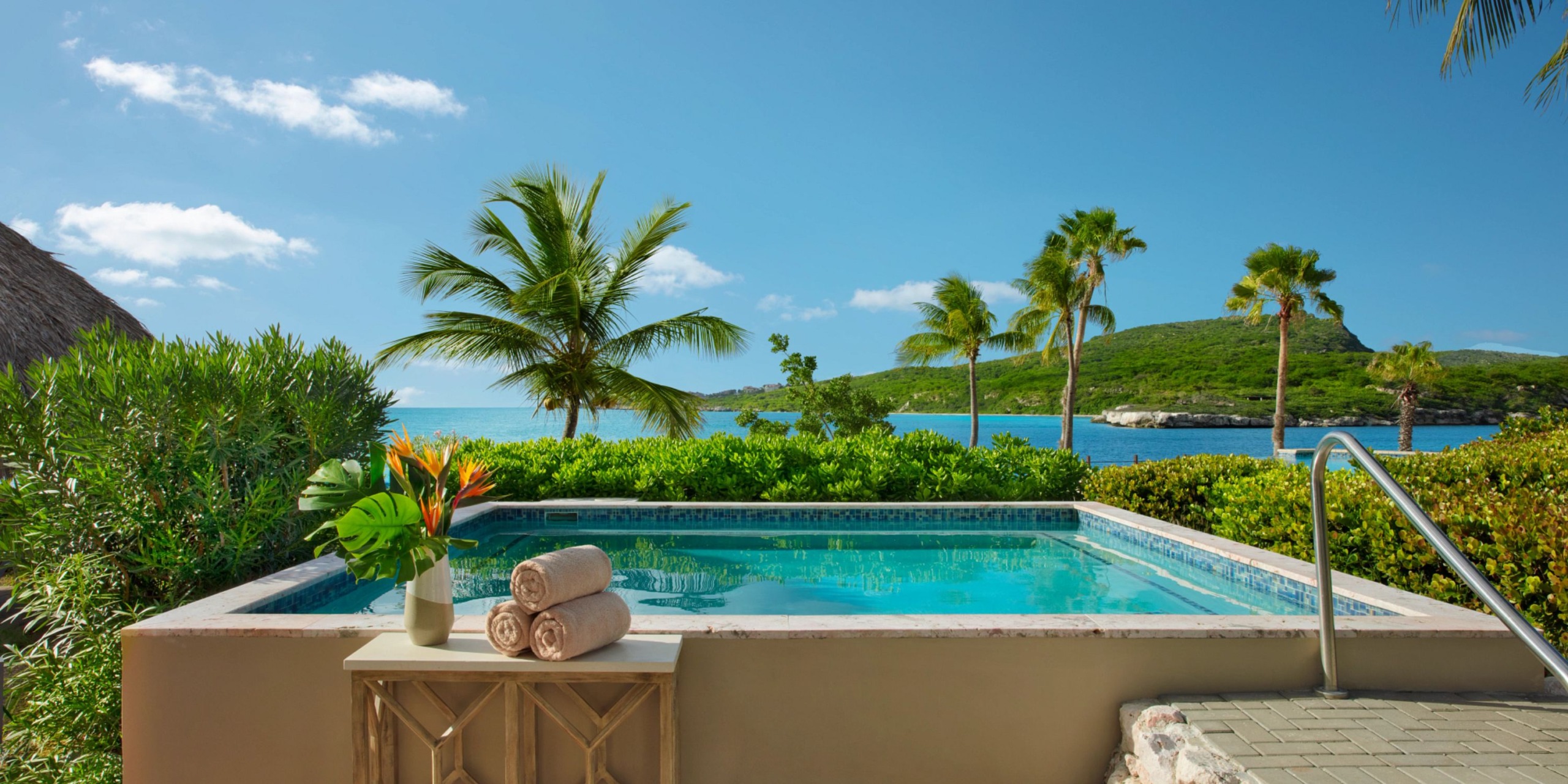 The Dreams Curacao features an infinity pool adorned with rolled towels and a tropical flower arrangement, offering stunning views of lush greenery, palm trees, and the clear blue ocean under a sunny sky.