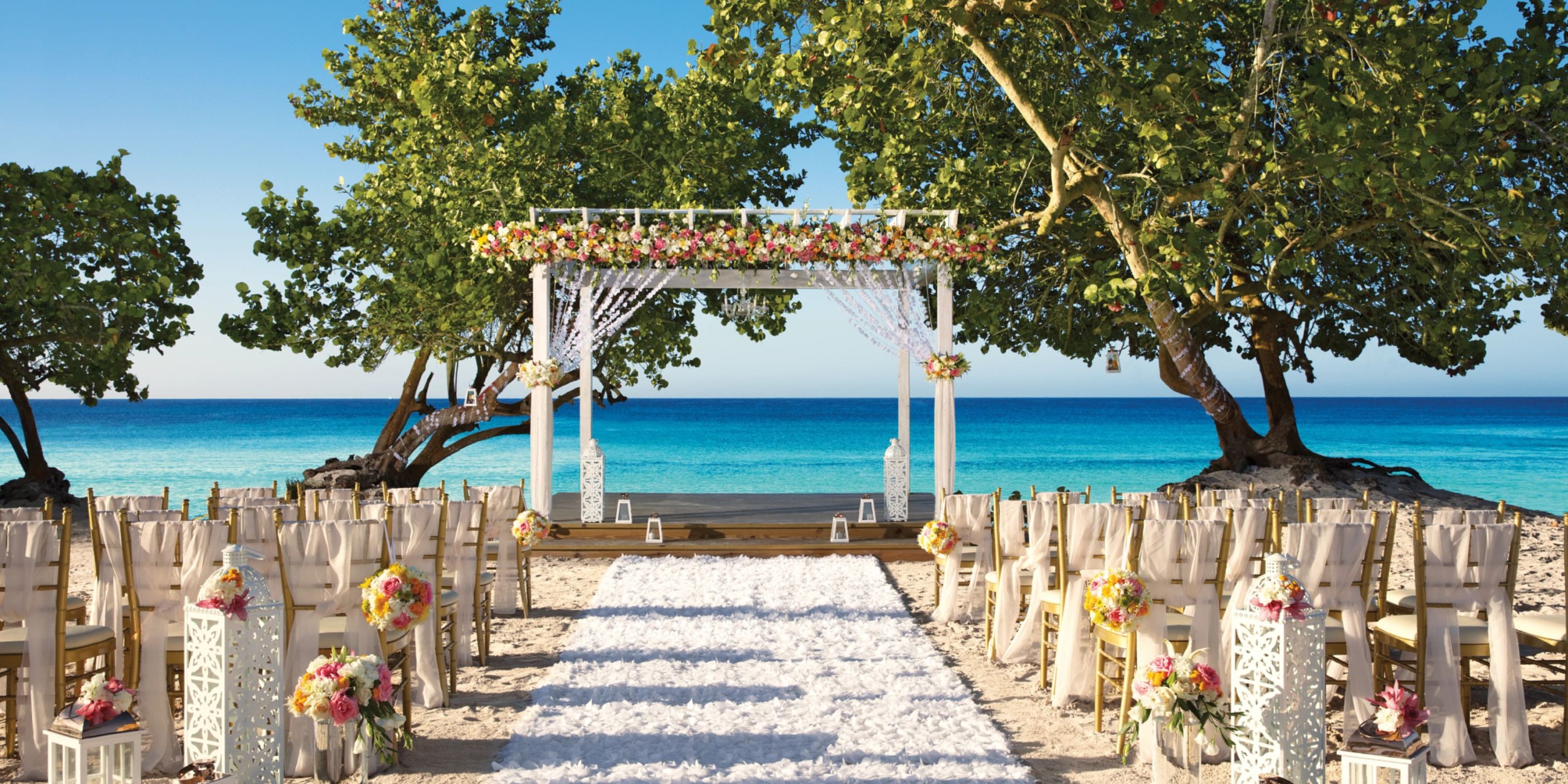 Imagine a beach wedding at Dreams Dominicus, featuring an archway adorned with flowers. Seating is arranged on both sides of a pathway that leads to the sea. Surrounding trees beautifully frame the scene, while the ocean and sky create a breathtaking backdrop.