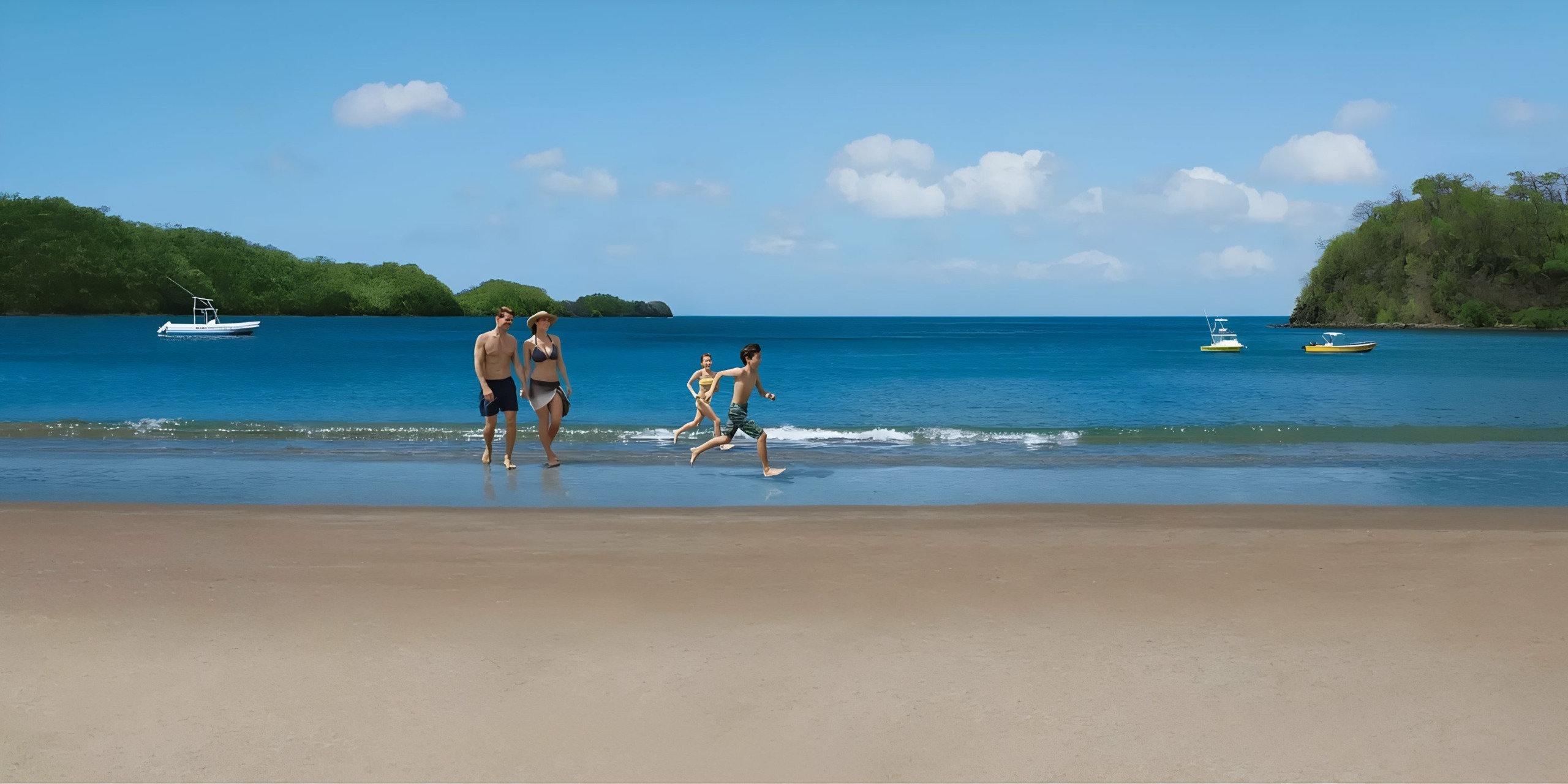 Three people walking along a tropical beach with boats in the background at Dreams Las Mareas.
