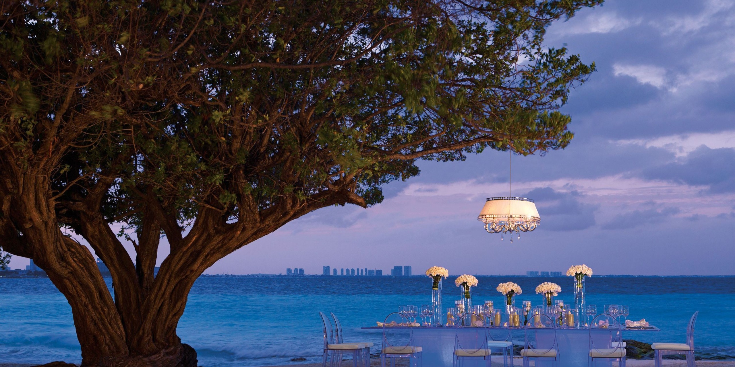 An elegant outdoor dining setup at Dreams Sands Cancun, set by the ocean under a large tree with a chandelier elegantly hanging above the table, complemented by a city skyline in the distance.