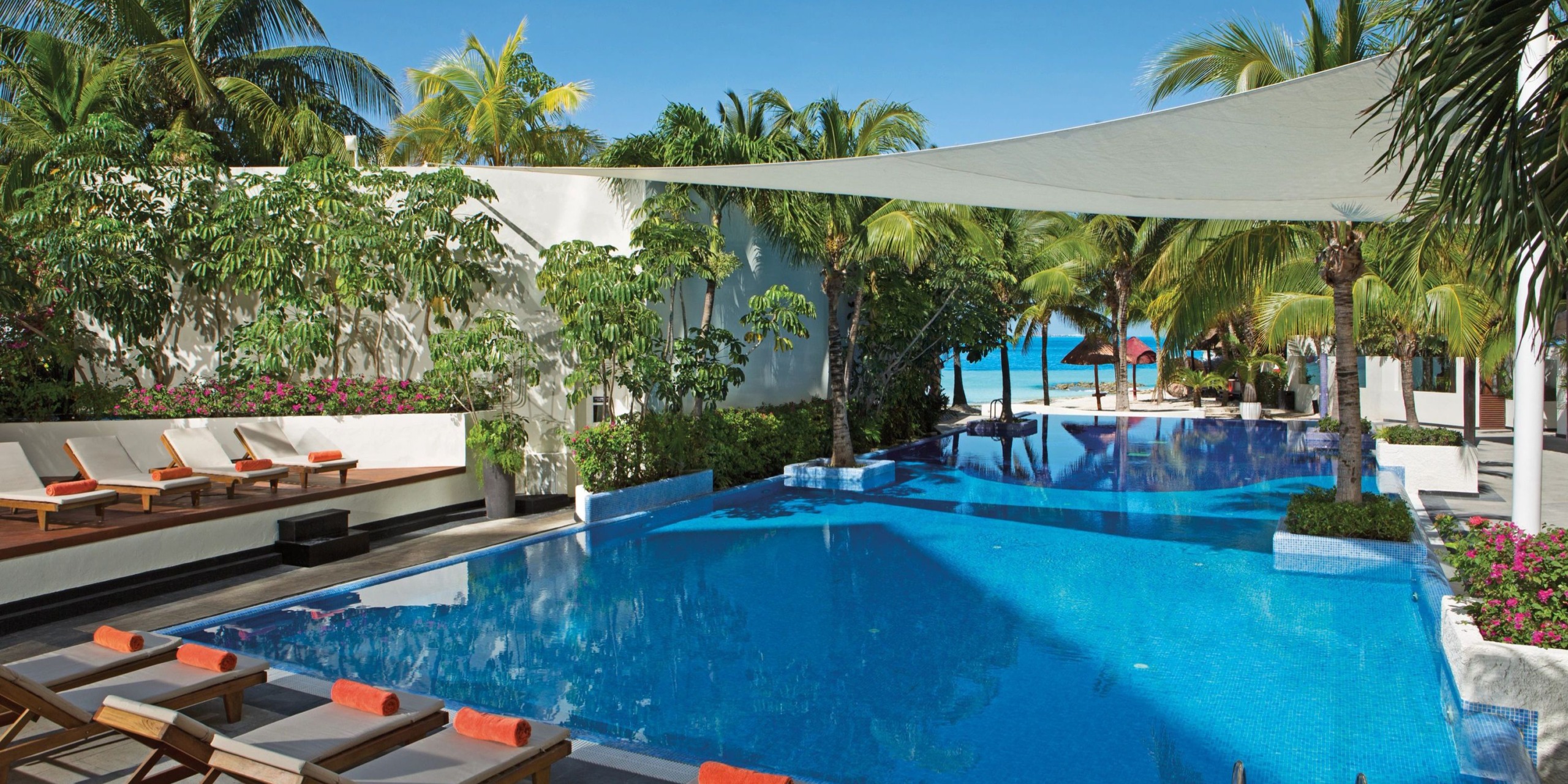 Experience the tranquility of Dreams Sands Cancun, featuring an outdoor swimming pool encircled by palm trees and lounge chairs, a shaded area, and a stunning view of the ocean in the background.
