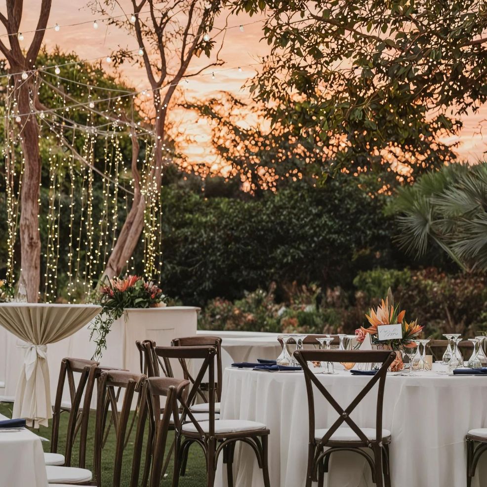 An outdoor dining setup with round tables and chairs beneath trees adorned with string lights, set against a sunset backdrop.