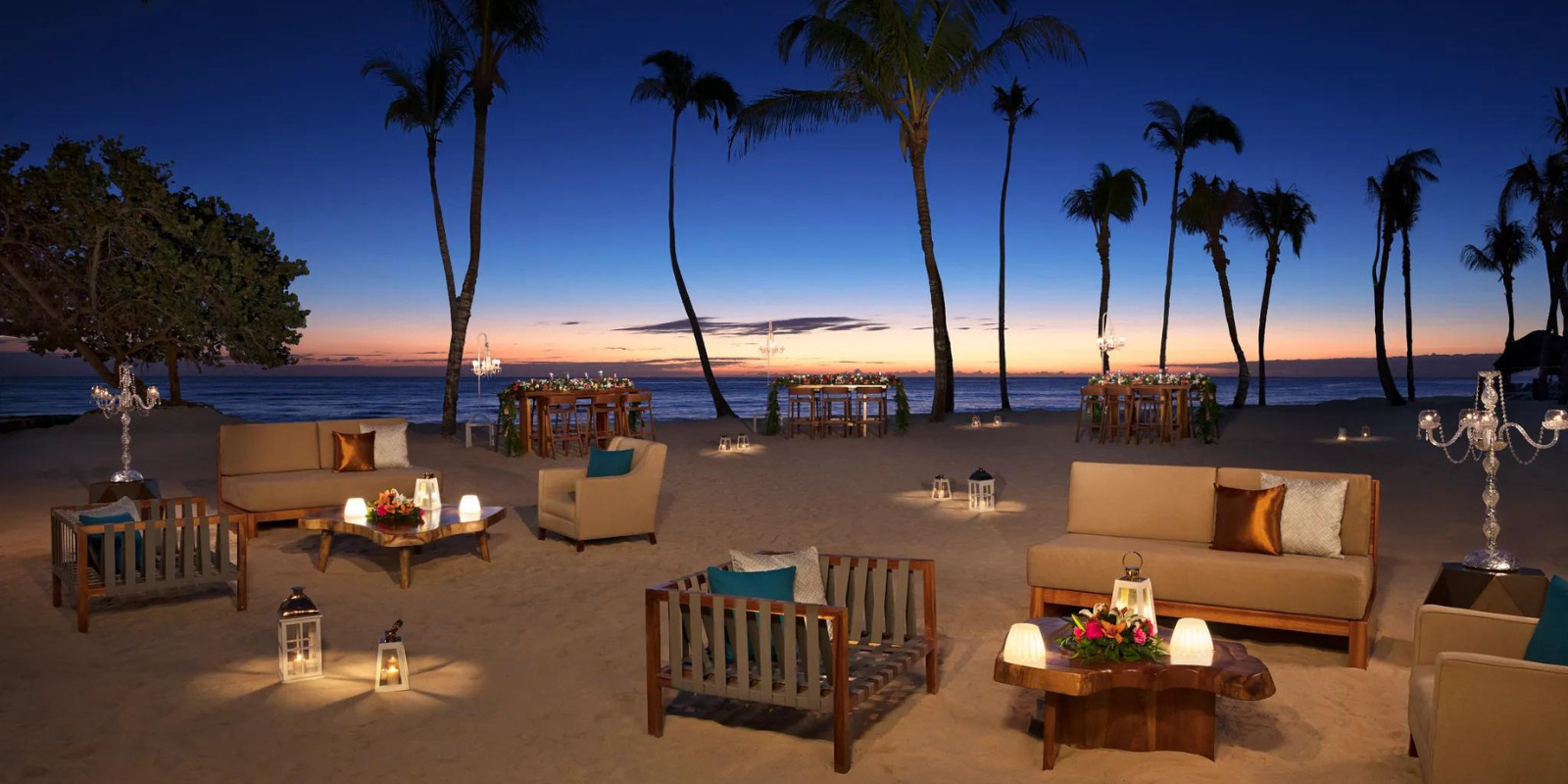 Beach lounge at sunset at Dreams Dominicus La Romana